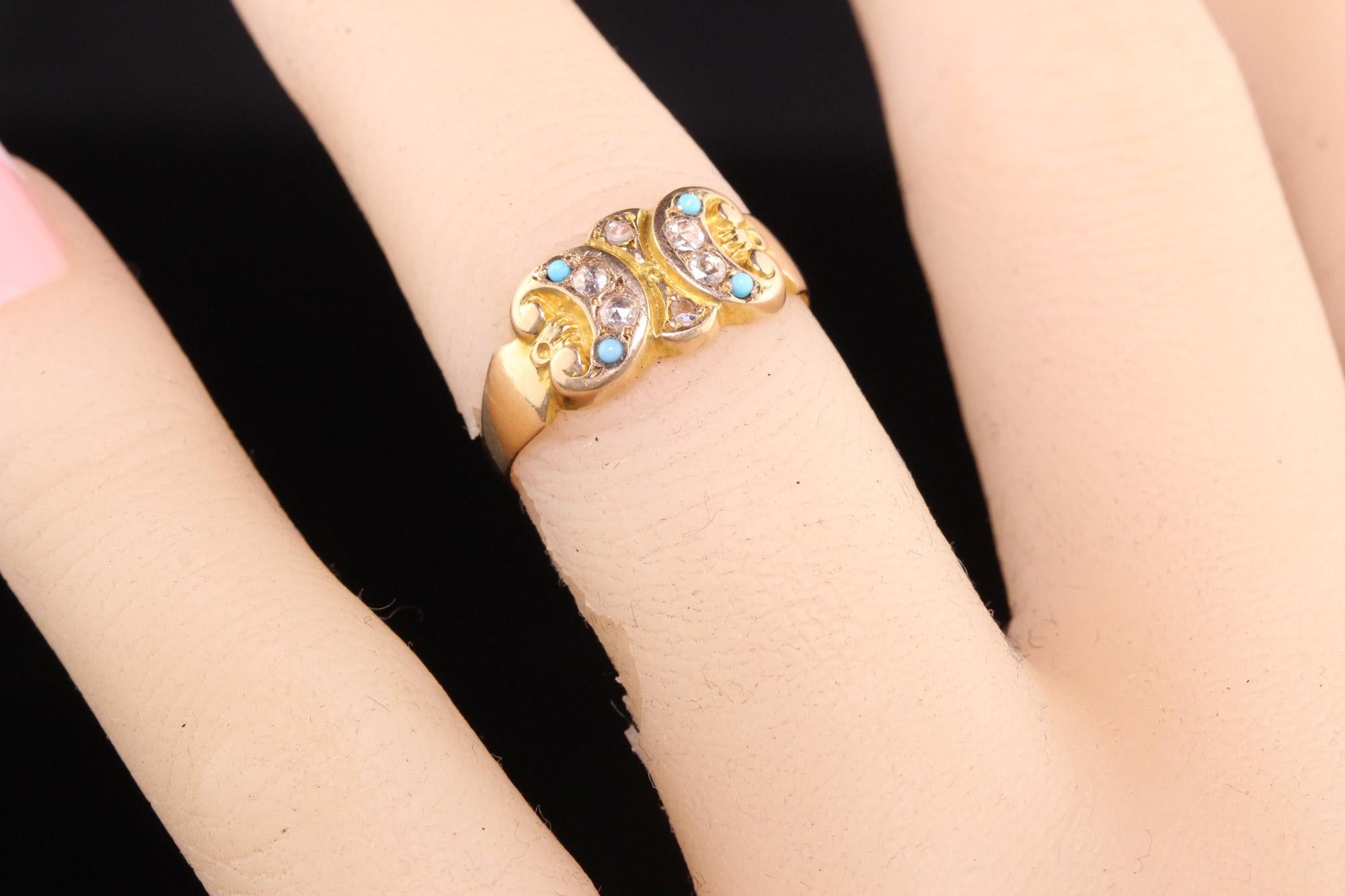 Antique Victorian English 15K Yellow Gold Rose Cut Diamond and Turquoise Ring For Sale 4