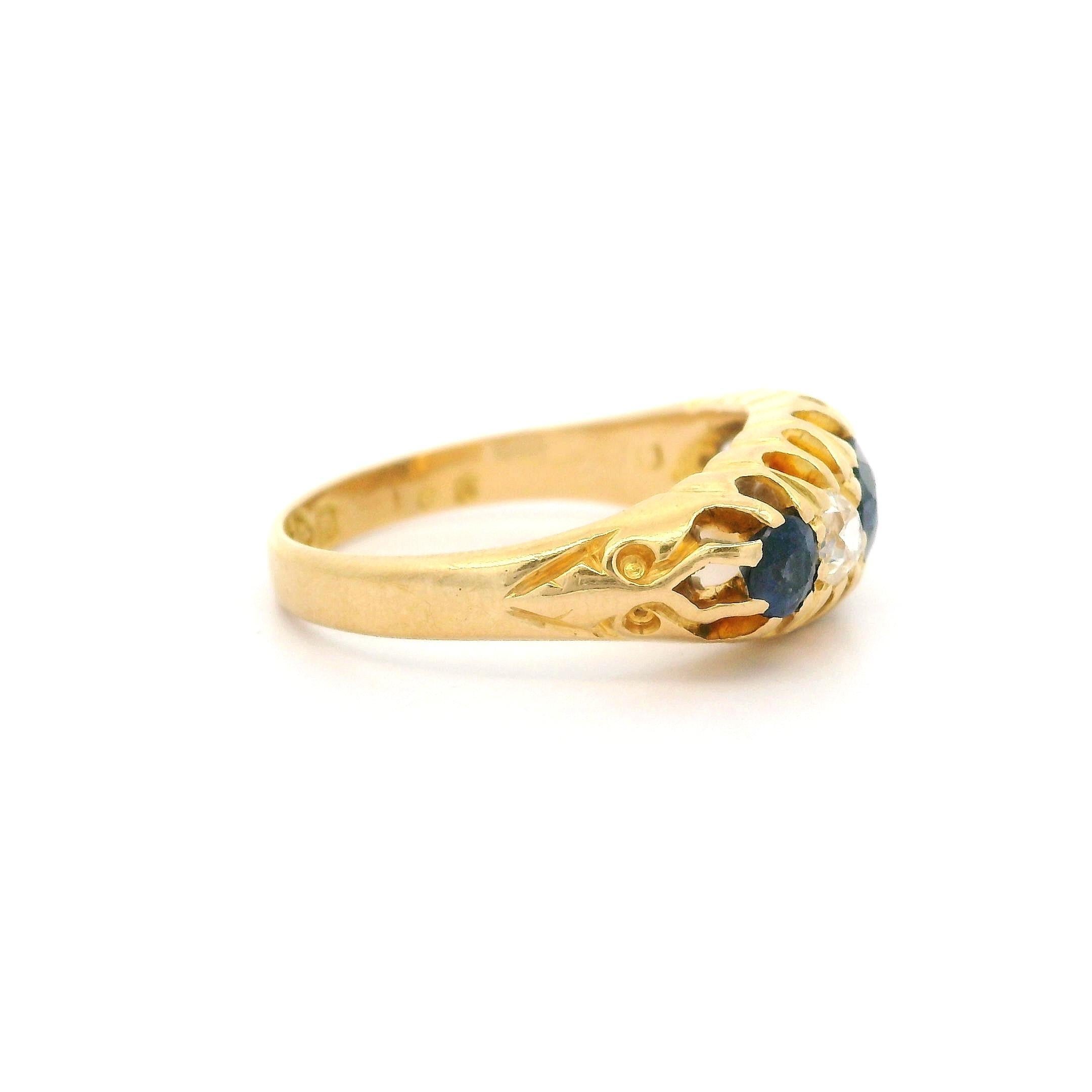 Round Cut Antique Victorian English 18k Gold 1.35ct Sapphire Diamond Substantial Band Ring For Sale