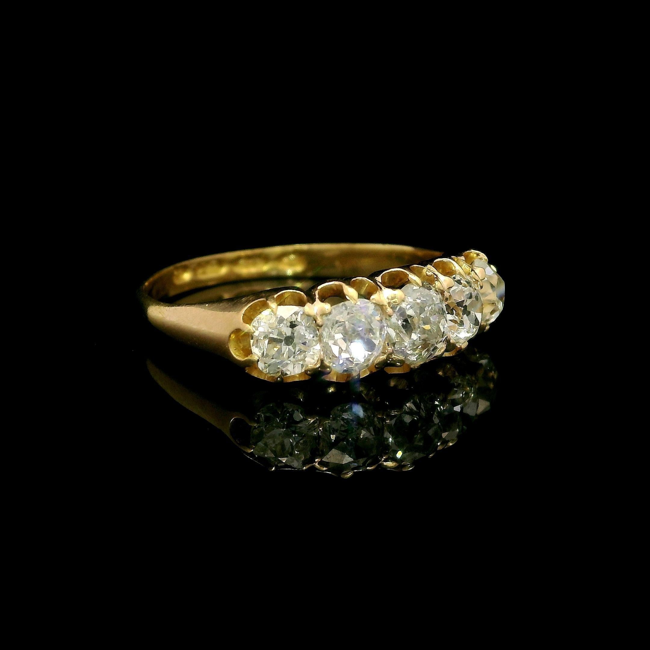 Antiguo anillo victoriano inglés de oro de 18 quilates de 1,7 quilates con 5 diamantes de la antigua mina en venta 9
