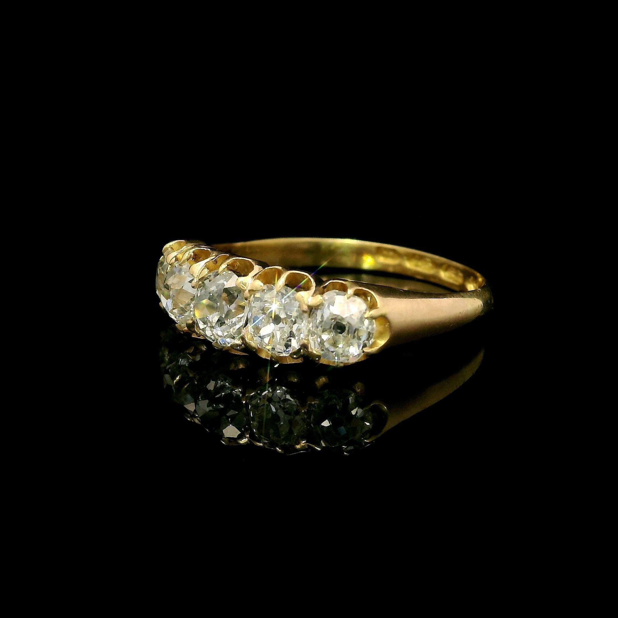 Antiguo anillo victoriano inglés de oro de 18 quilates de 1,7 quilates con 5 diamantes de la antigua mina en venta 10