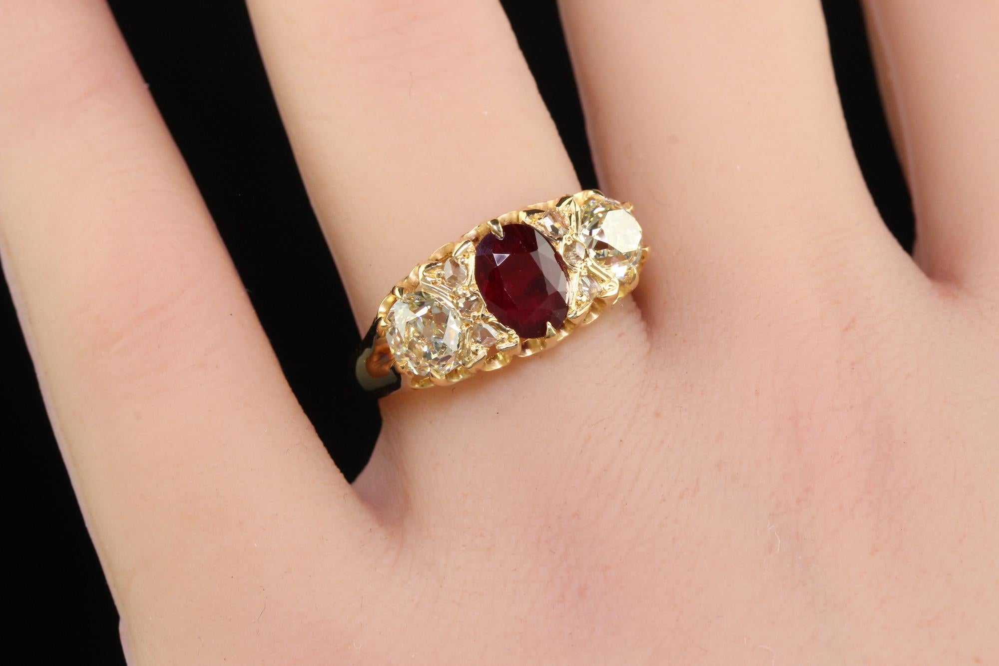 Antique Victorian English 18K Gold Burma Ruby Diamond Three Stone Ring - GIA 5