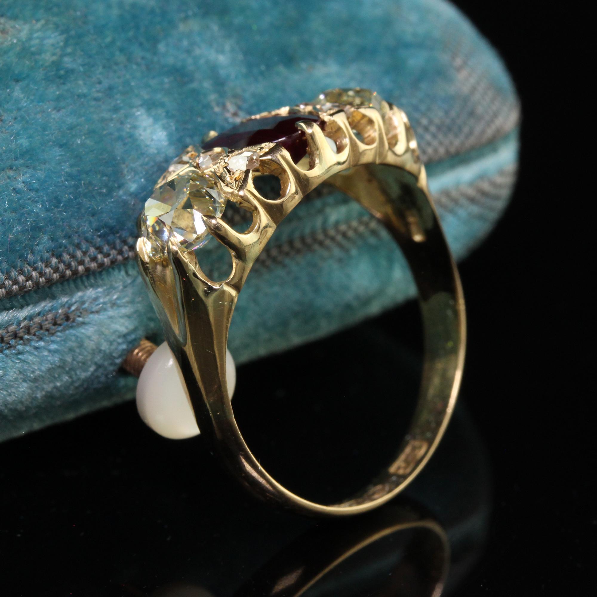 Oval Cut Antique Victorian English 18K Gold Burma Ruby Diamond Three Stone Ring - GIA