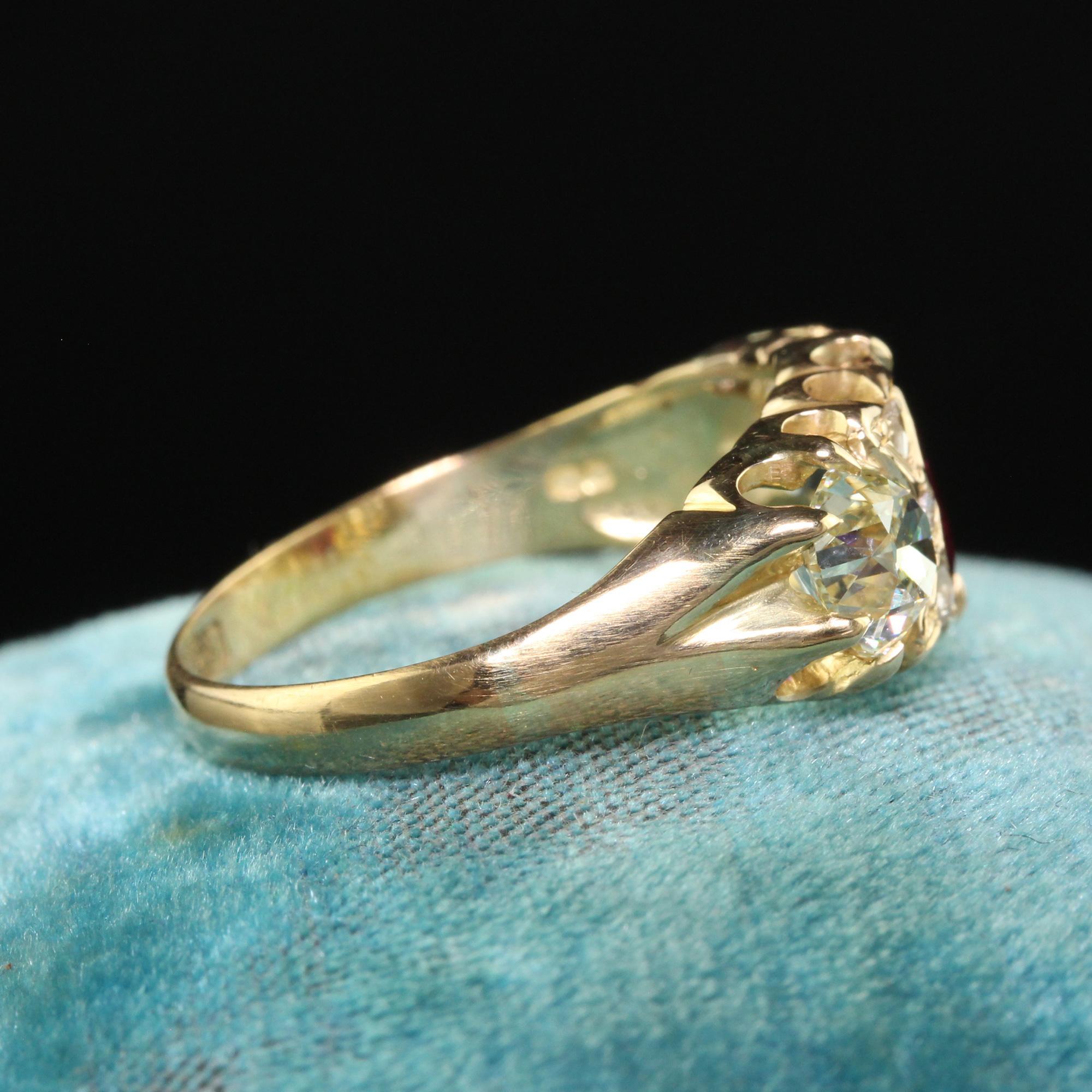 Antique Victorian English 18K Gold Burma Ruby Diamond Three Stone Ring - GIA In Good Condition In Great Neck, NY
