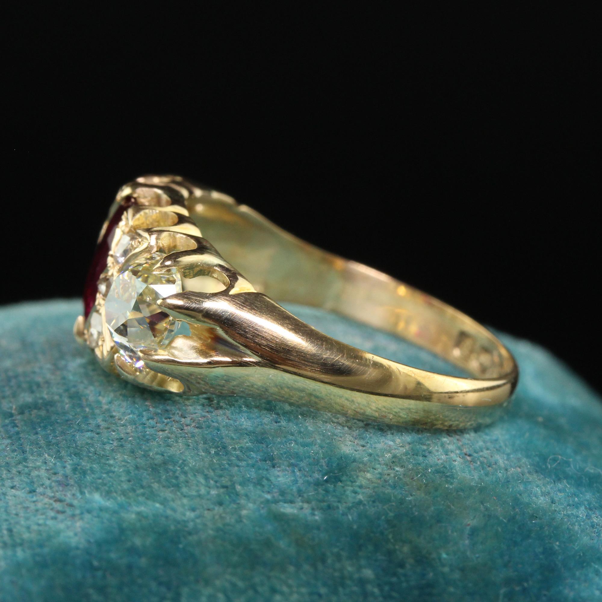Women's Antique Victorian English 18K Gold Burma Ruby Diamond Three Stone Ring - GIA