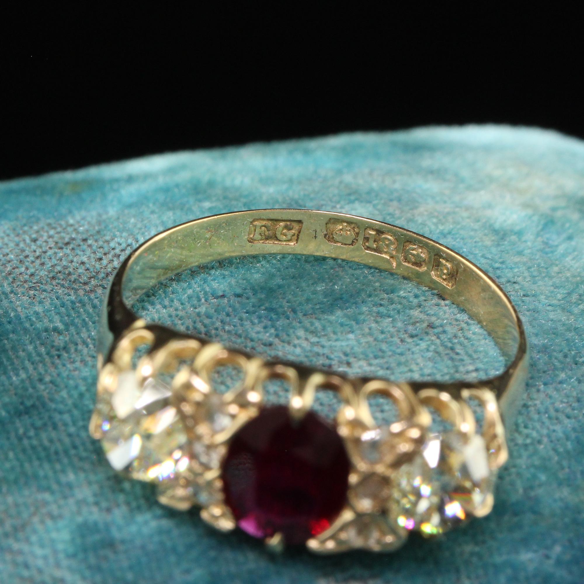 Antique Victorian English 18K Gold Burma Ruby Diamond Three Stone Ring - GIA 1