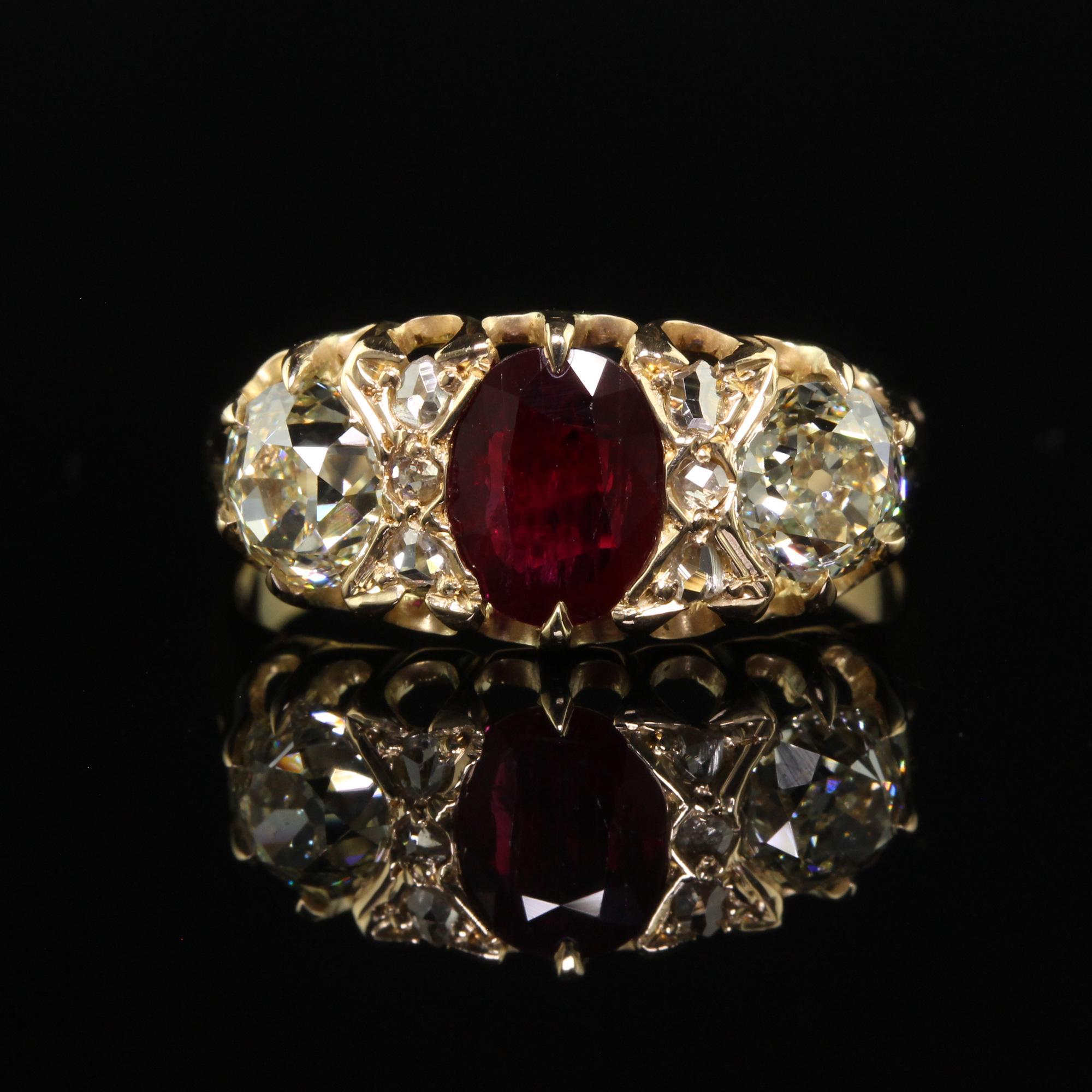 Antique Victorian English 18K Gold Burma Ruby Diamond Three Stone Ring - GIA 2
