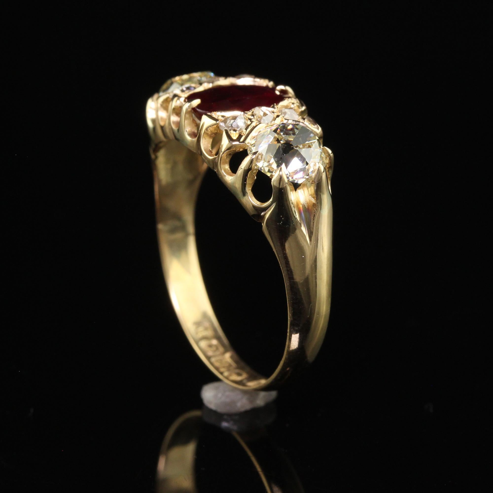 Antique Victorian English 18K Gold Burma Ruby Diamond Three Stone Ring - GIA 4