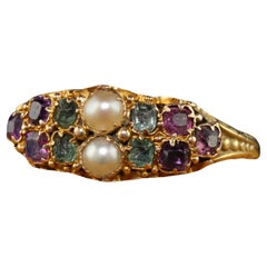 Antique Victorian English 18K Yellow Gold Emerald Garnet Pearl Ring