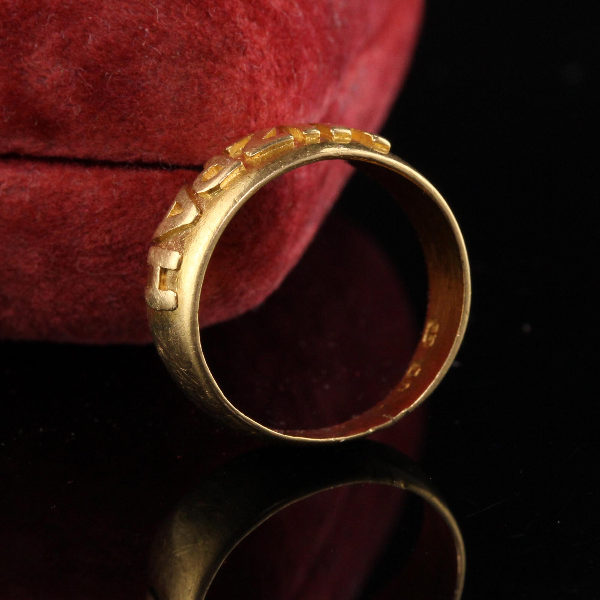 Beautiful Antique Victorian English 18K Yellow Gold Mizpah Ring - Circa 1886. This incredible ring is crafted in 18K gold and was made in 1886 as signified by it's hallmarks. The inside of the ring is also engraved 