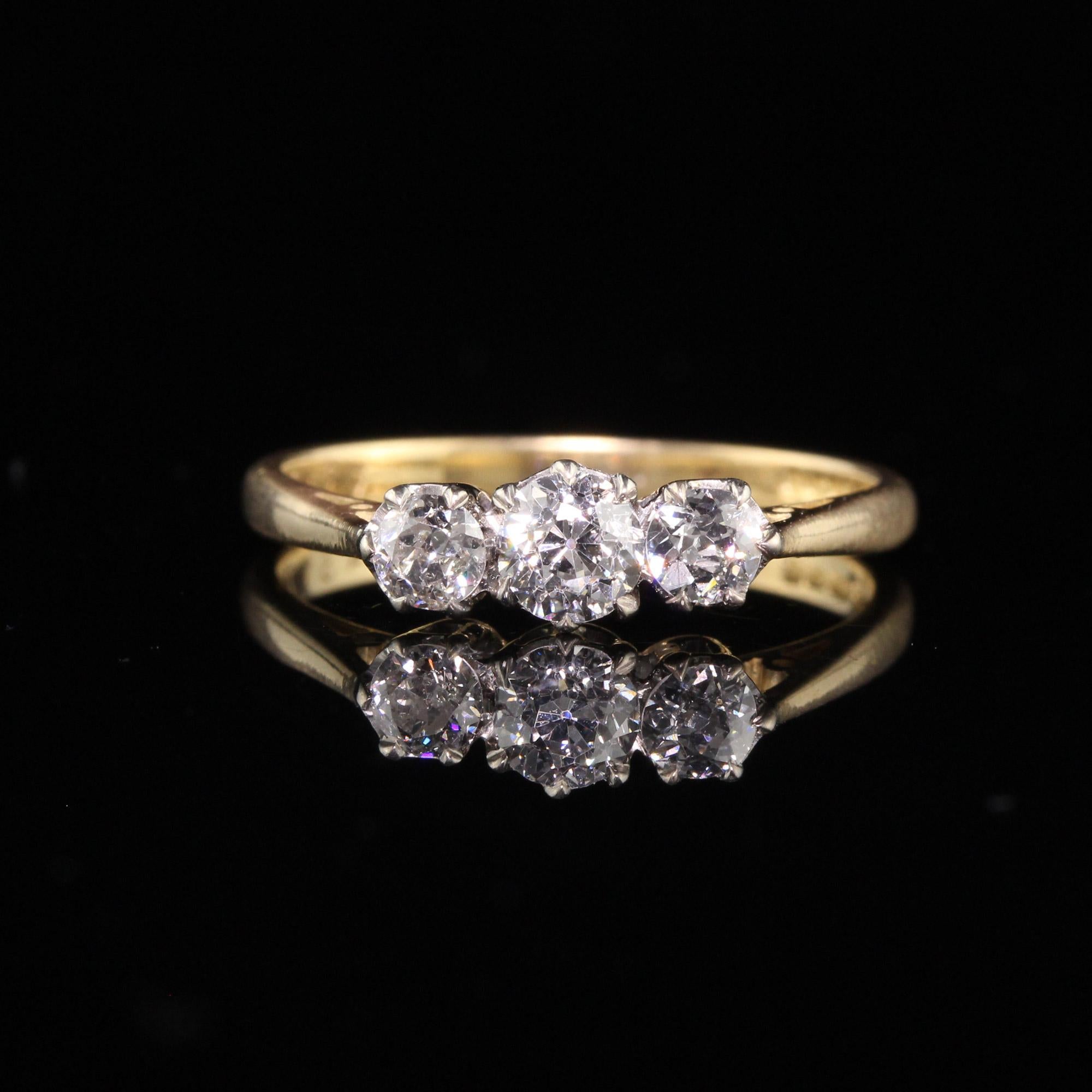 Women's Antique Victorian English 18k Yellow Gold Old European Diamond Three Stone Ring