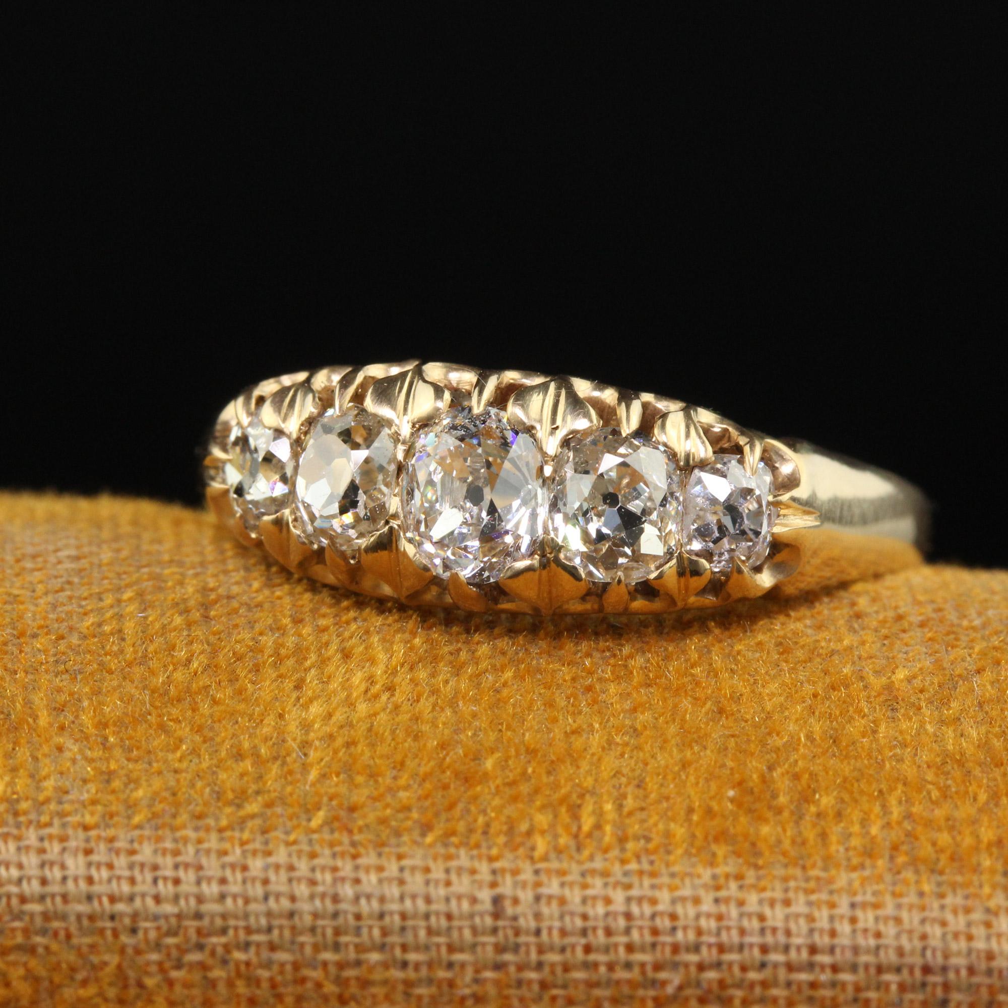 Beautiful Antique Victorian English 18K Yellow Gold Old Mine Cut Diamond Five Stone Band - GIA. This gorgeous five stone band has chunky old mine cut diamonds set on the top of it. The center was sent to get a GIA report. The ring is in good