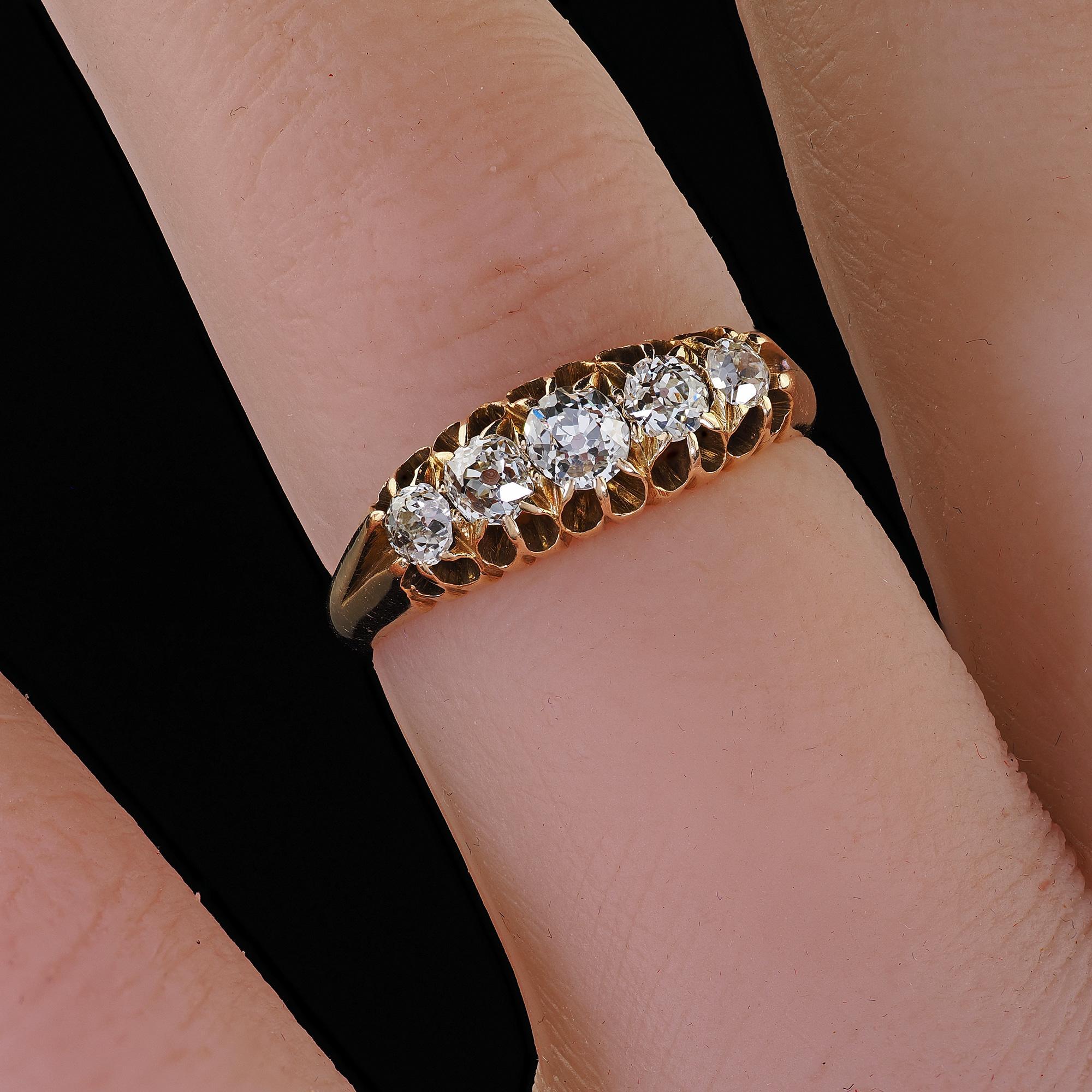 Antique Victorian English 18K Yellow Gold Old Mine Diamond Five Stone Band For Sale 5