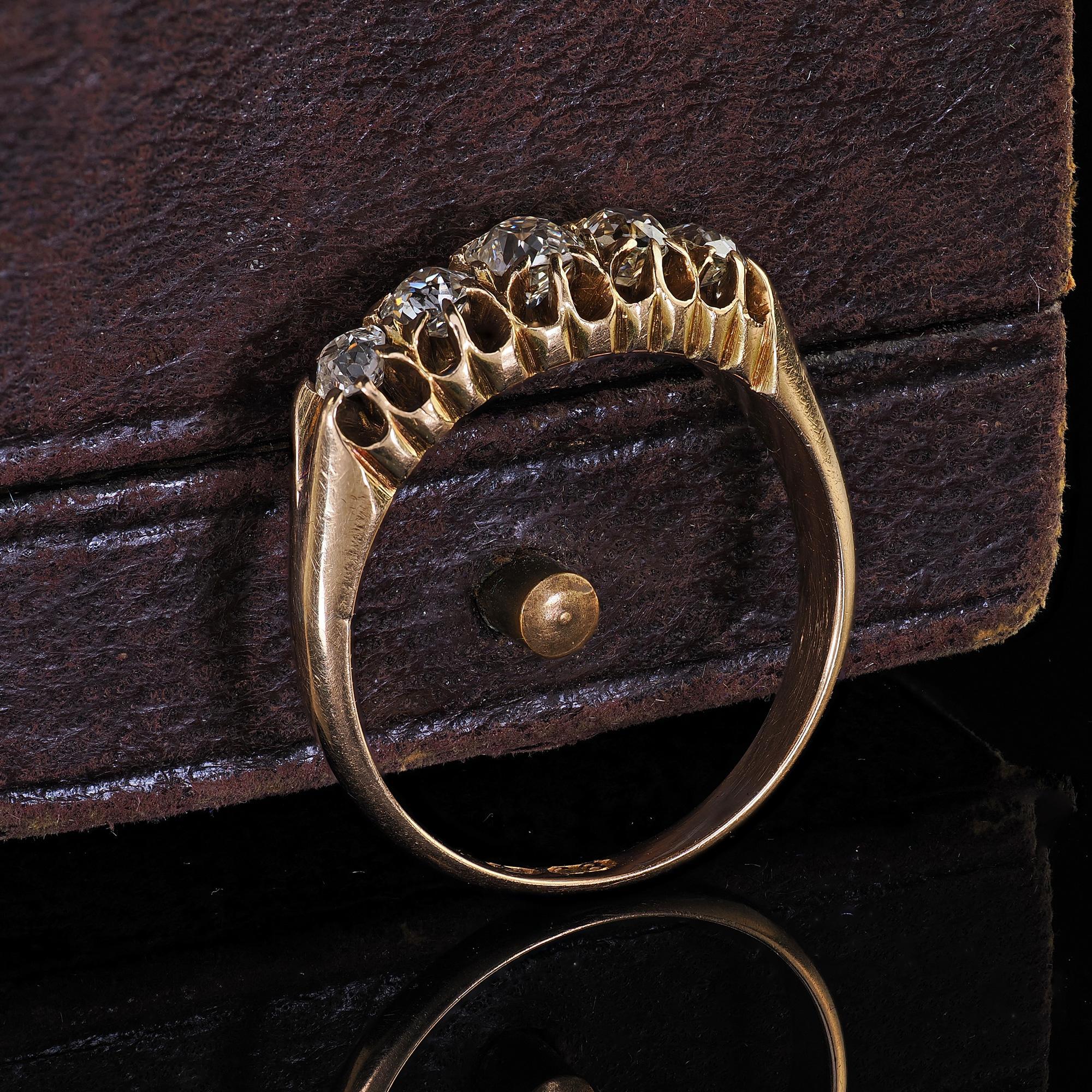 Old Mine Cut Antique Victorian English 18K Yellow Gold Old Mine Diamond Five Stone Band For Sale