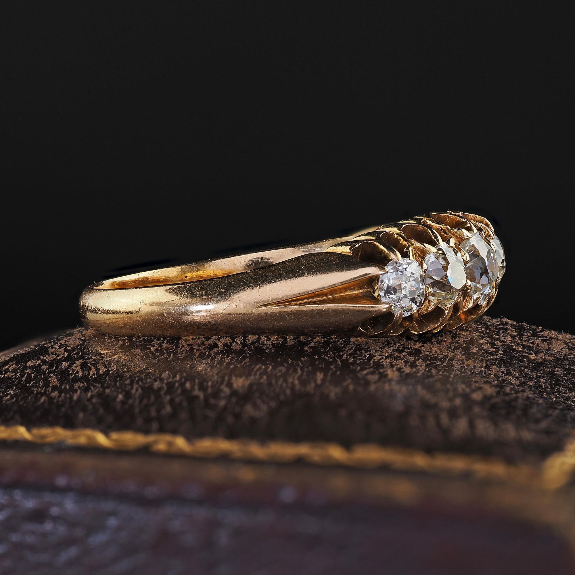 Antique Victorian English 18K Yellow Gold Old Mine Diamond Five Stone Band In Good Condition For Sale In Great Neck, NY