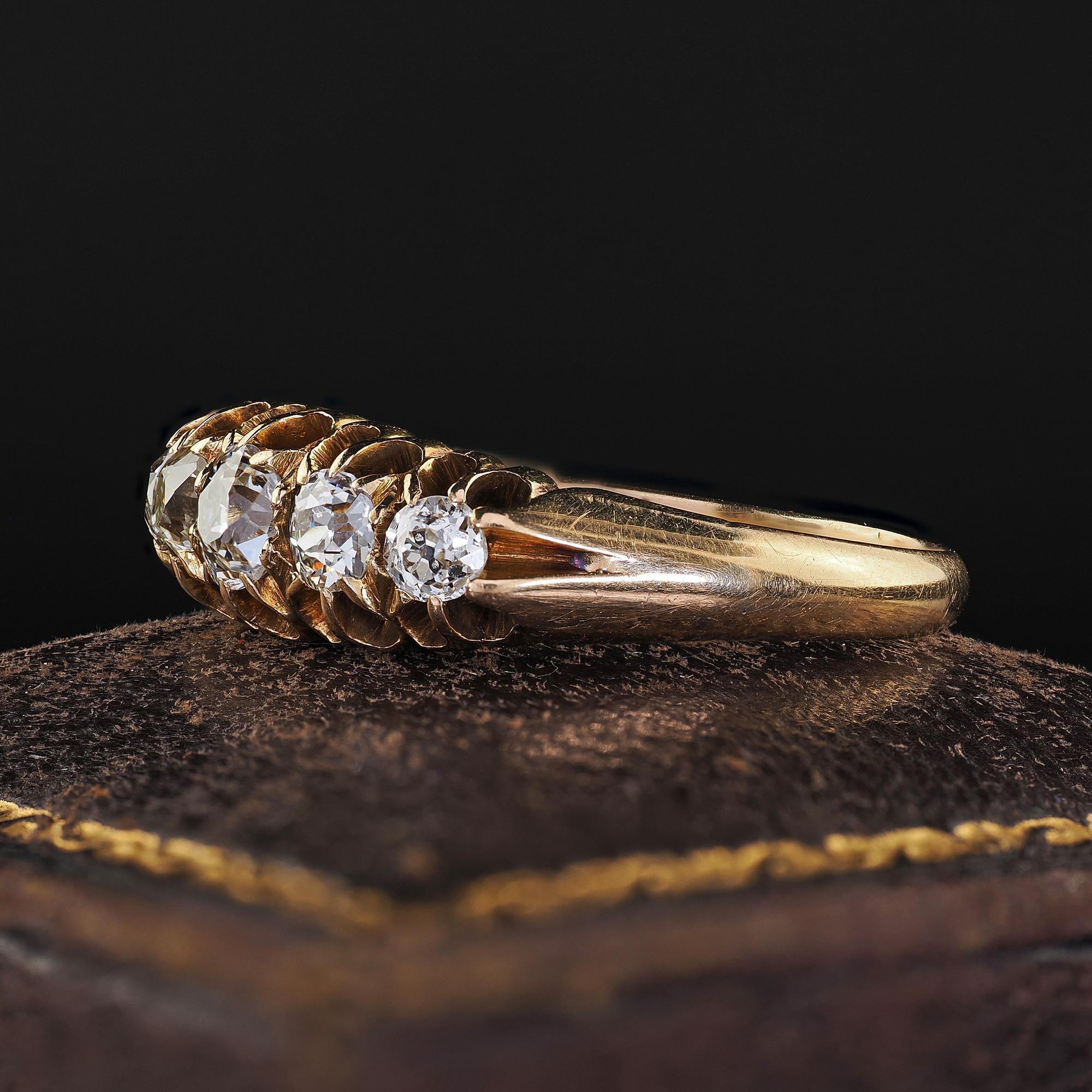 Women's Antique Victorian English 18K Yellow Gold Old Mine Diamond Five Stone Band For Sale