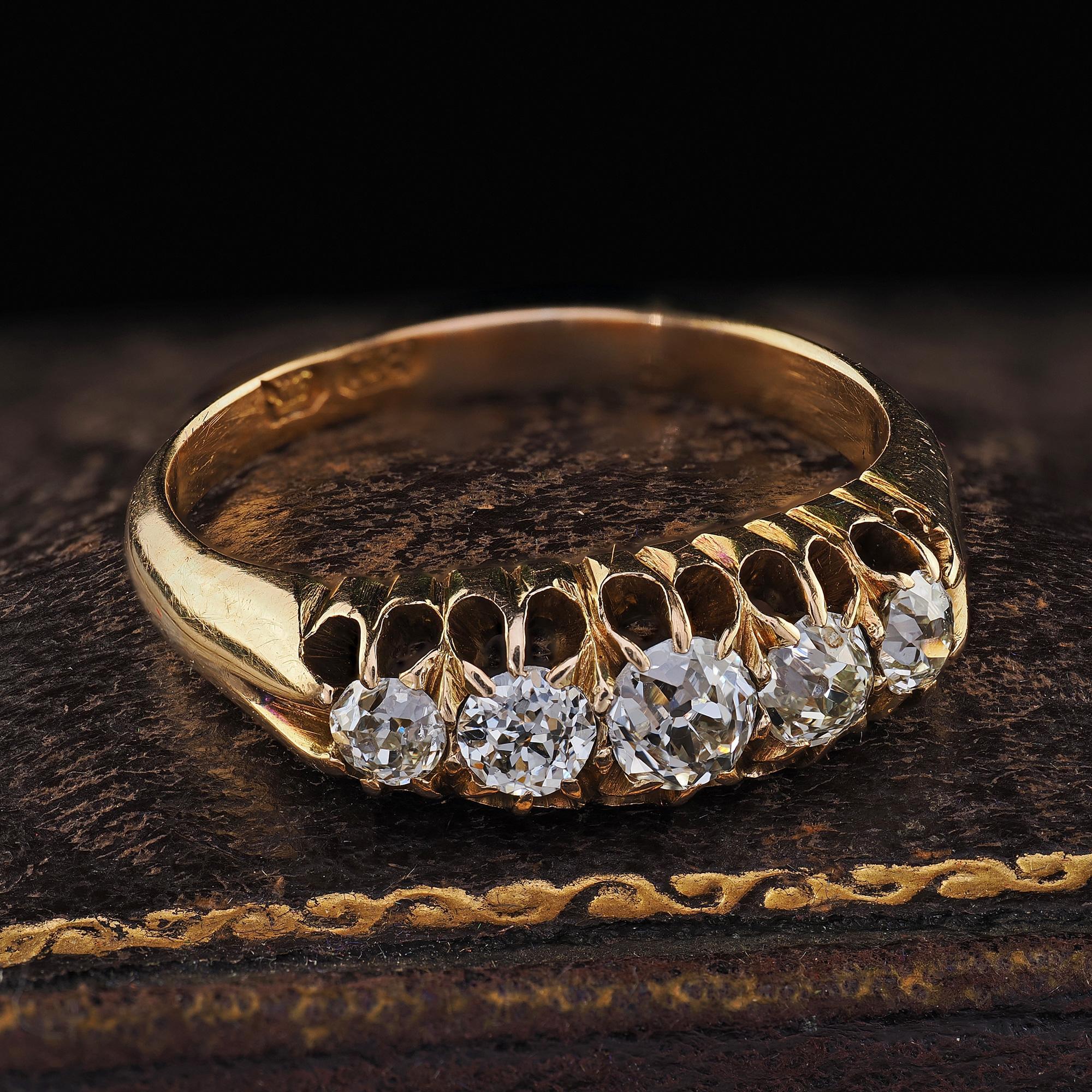 Antique Victorian English 18K Yellow Gold Old Mine Diamond Five Stone Band For Sale 1
