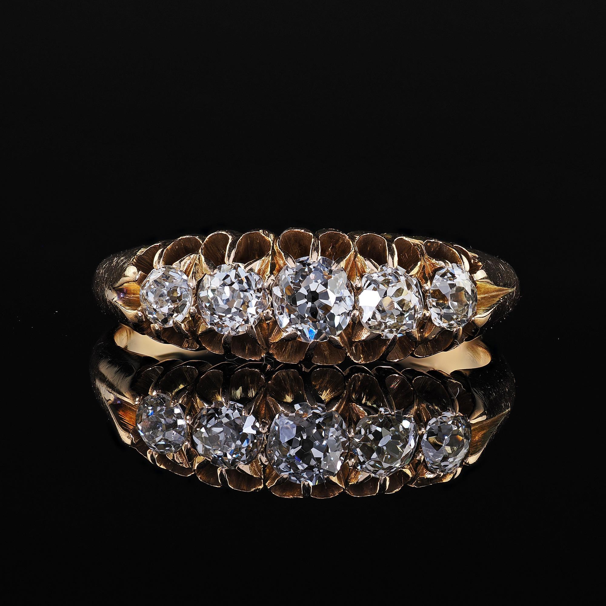Antique Victorian English 18K Yellow Gold Old Mine Diamond Five Stone Band For Sale 2