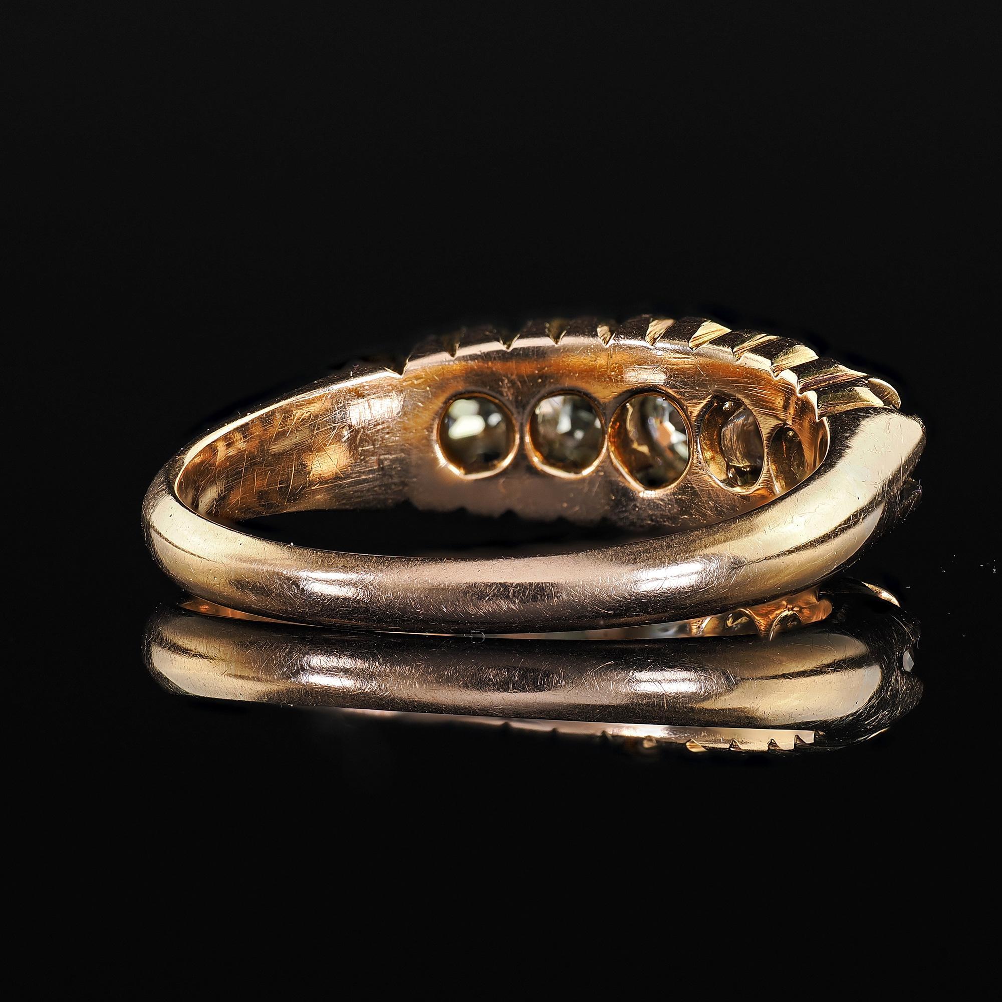 Antique Victorian English 18K Yellow Gold Old Mine Diamond Five Stone Band For Sale 3