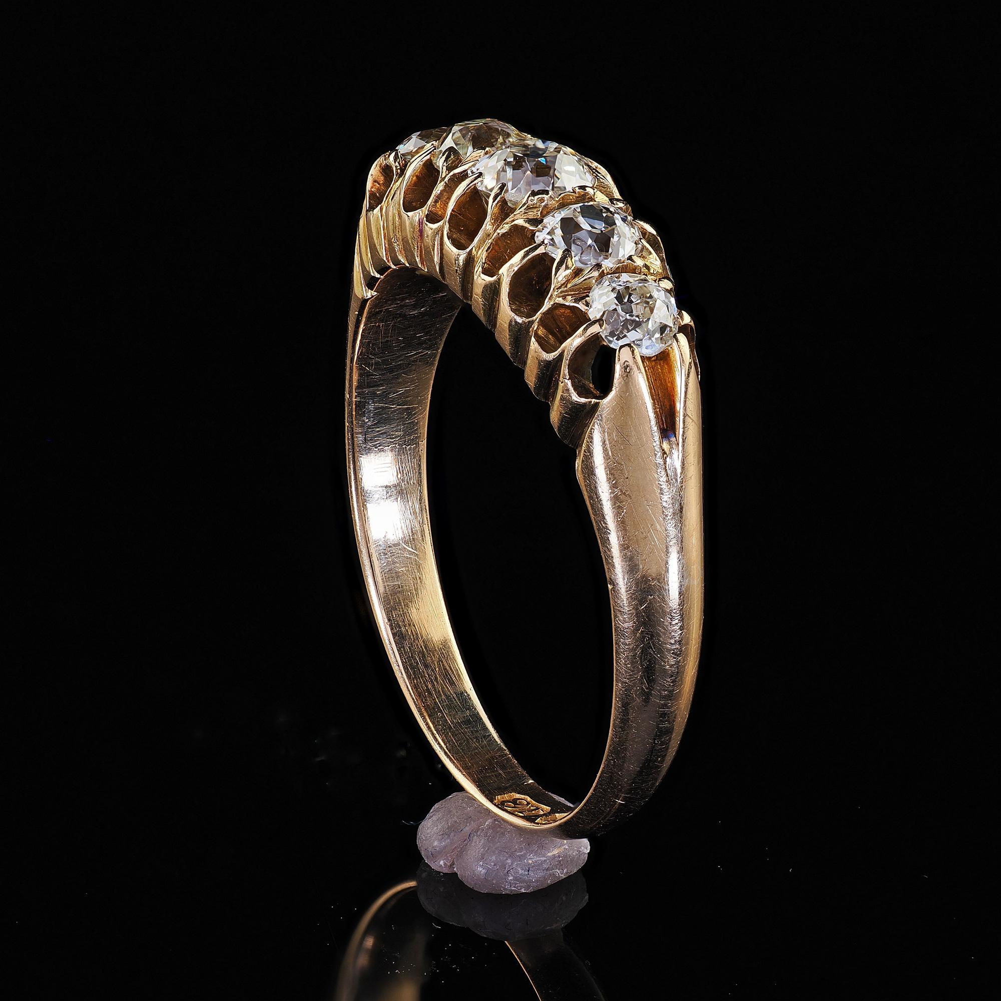 Antique Victorian English 18K Yellow Gold Old Mine Diamond Five Stone Band For Sale 4