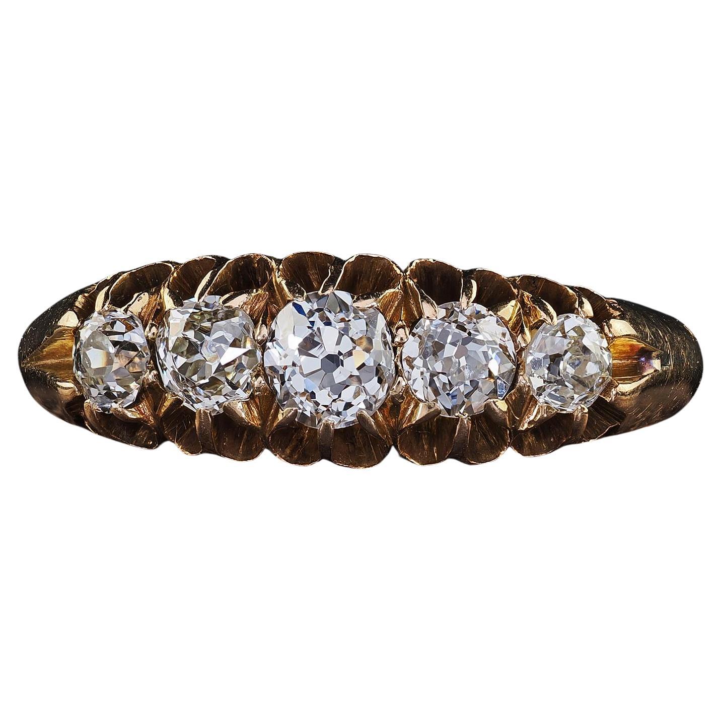 Antique Victorian English 18K Yellow Gold Old Mine Diamond Five Stone Band