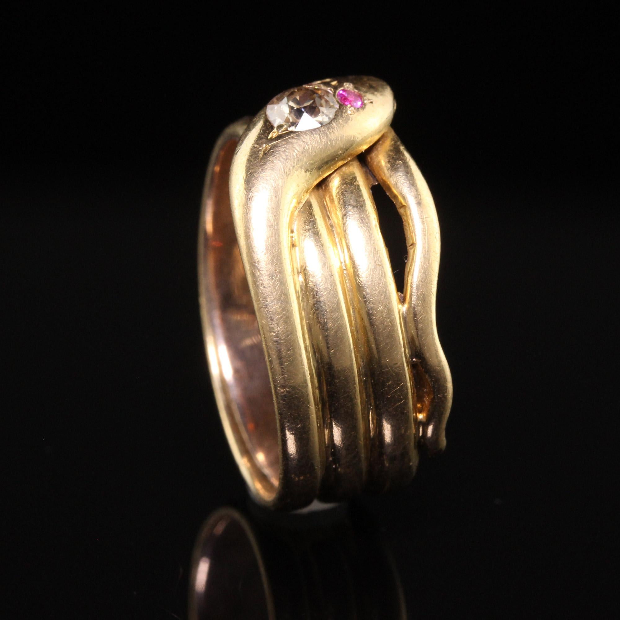 Antique Victorian English 18k Yellow Gold Old Mine Diamond Wide Snake Ring 2