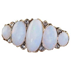 Antique Victorian English 18K Yellow Gold Opal and Diamond Five Stone Ring