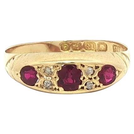 Antique Victorian English 18k Yellow Gold Red Stone & Diamond Stack Band Ring (Bague à empilement en or jaune 18k)