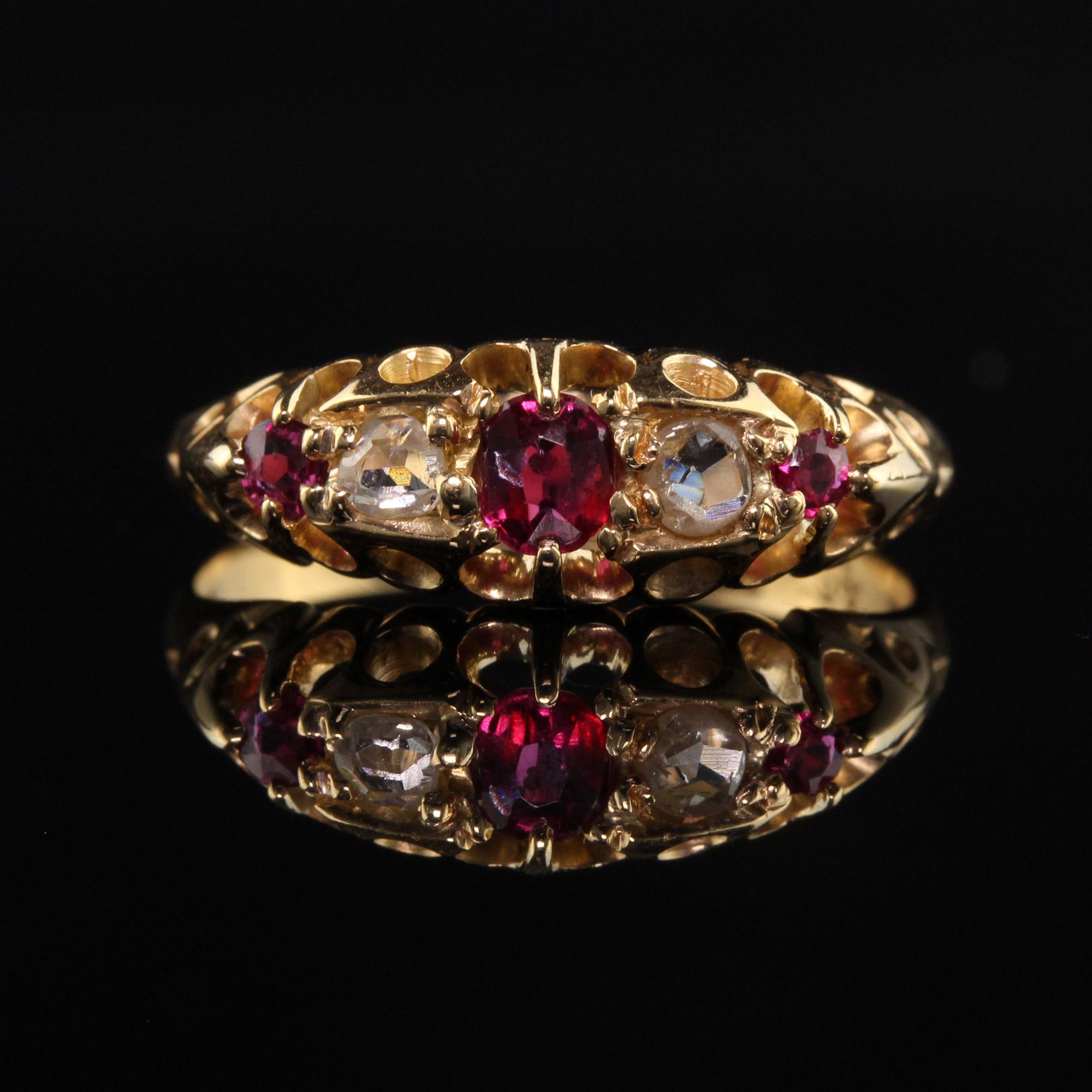 Antique Victorian English 18K Yellow Gold Rose Cut Diamond and Ruby Ring In Good Condition In Great Neck, NY