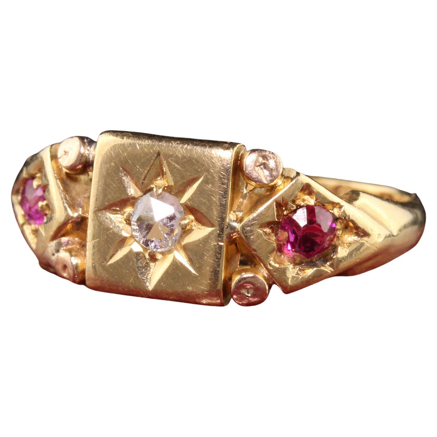 Antique Victorian English 18K Yellow Gold Rose Cut Diamond and Ruby Ring For Sale