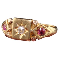 Antique Victorian English 18K Yellow Gold Rose Cut Diamond and Ruby Ring