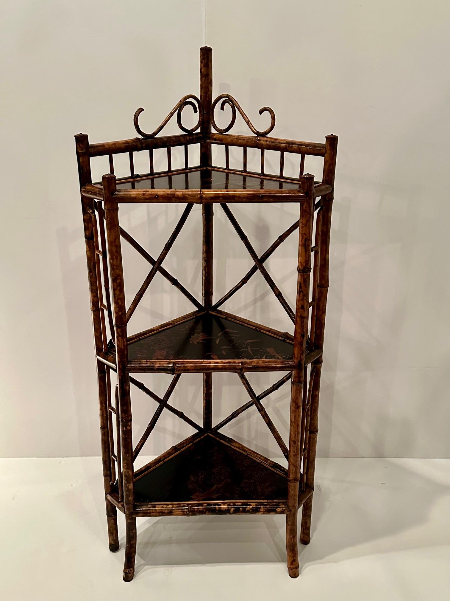Antique Victorian English Bamboo Corner Etagere For Sale at 1stDibs