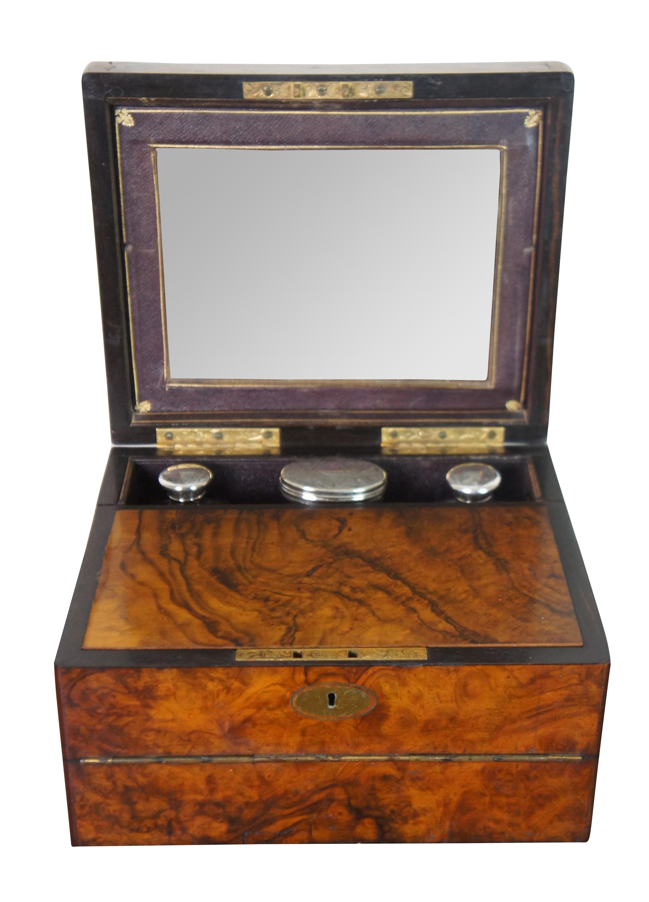 Antique Victorian English Burl Wood Traveling Vanity Box Case Sterling In Good Condition In Dayton, OH