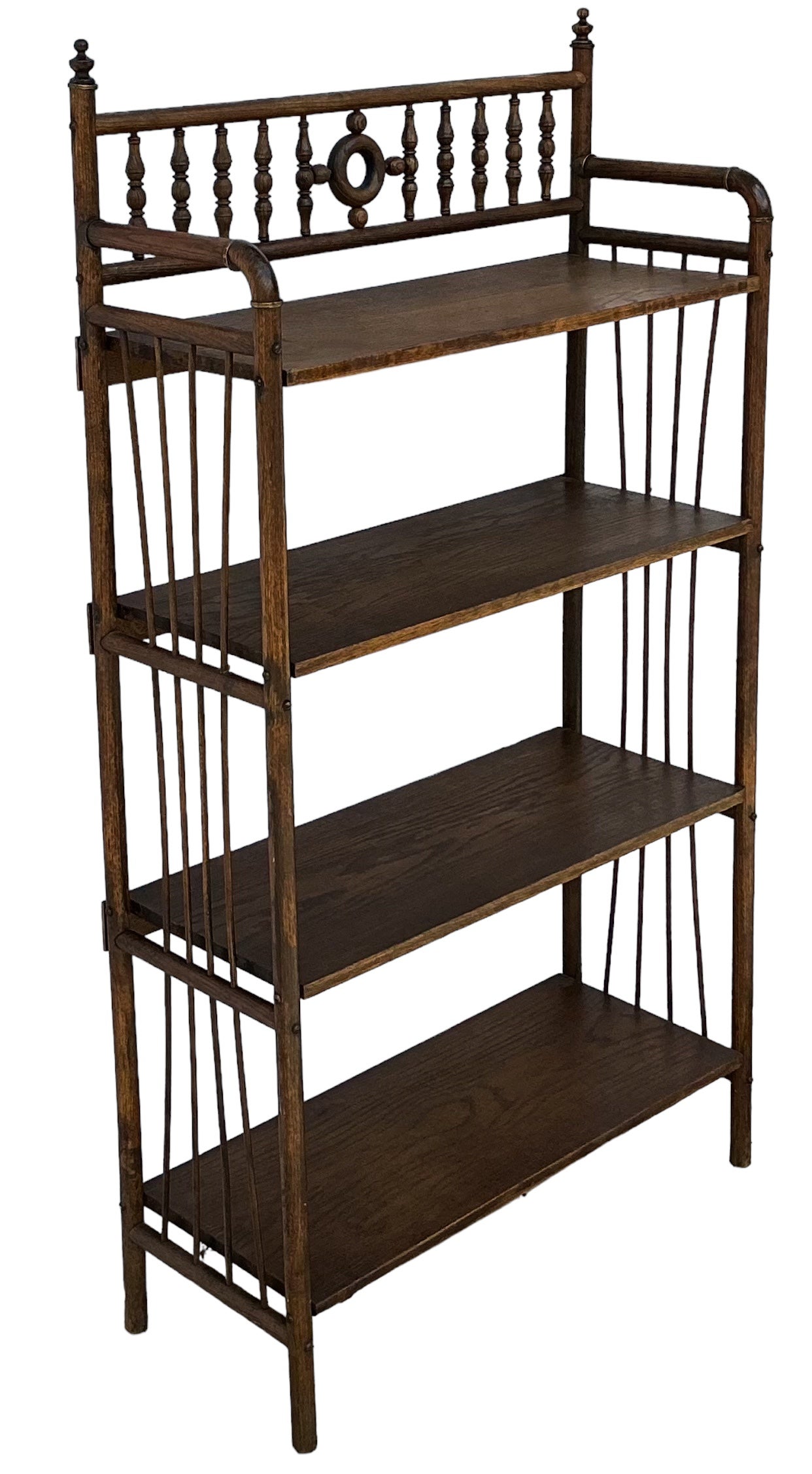 This is a nice early Victorian bookcase or etagere. It is carved oak and almost a stick and ball design. It is 36” to the top shelf. It is 10.5 inches between the bottom two shelves, and 9 inches between the top two boards. 

My shipping is running