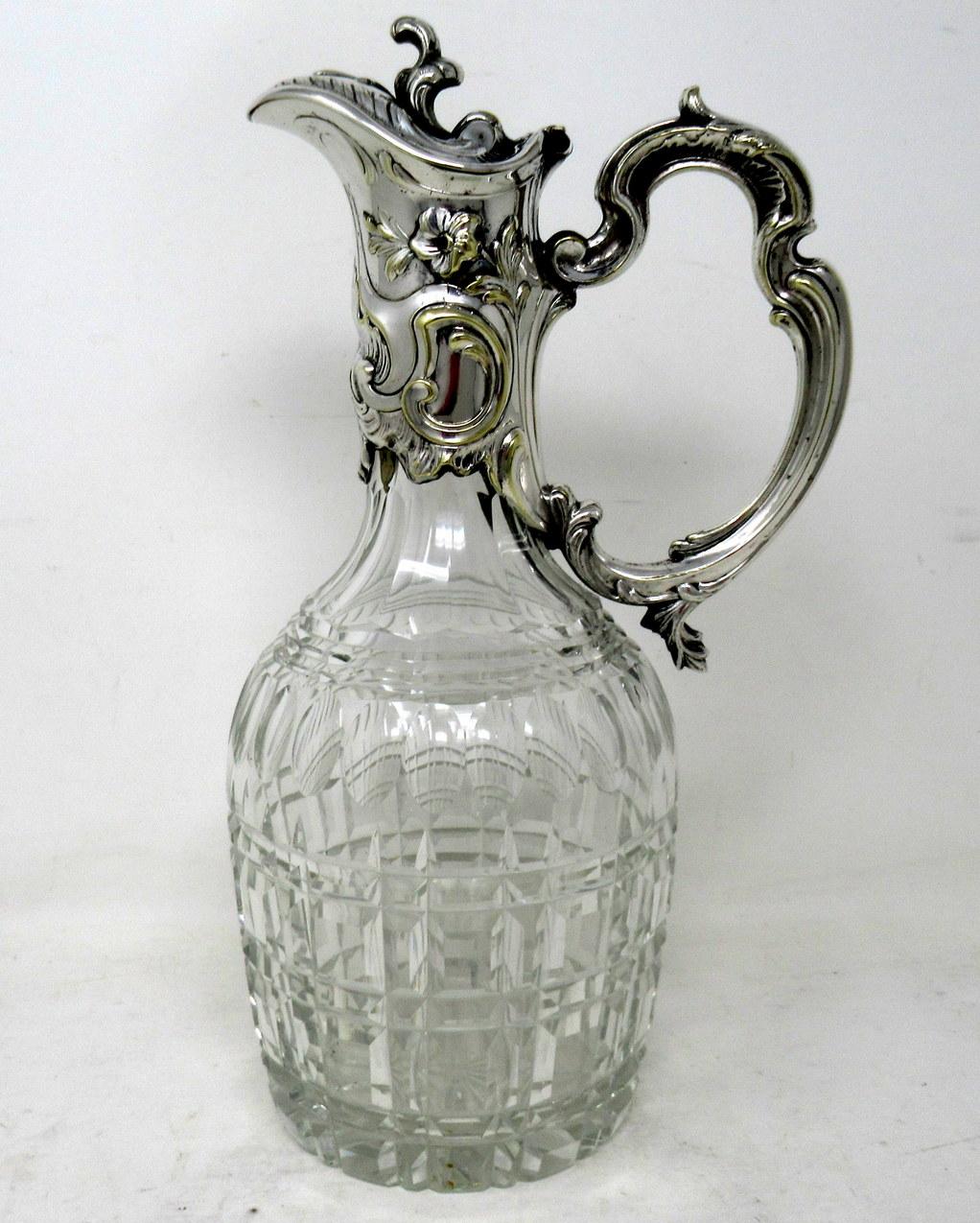 Early Victorian Antique Victorian English Cut Crystal Silver Plated Wine Ewer Claret Jug Pitcher