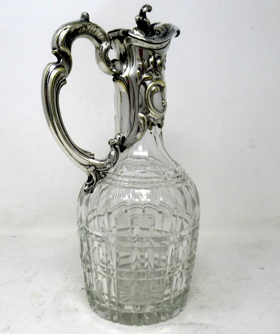 19th Century Antique Victorian English Cut Crystal Silver Plated Wine Ewer Claret Jug Pitcher