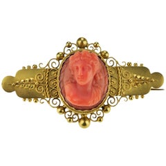 Antique, Victorian English Etruscan Revival Coral Cameo Brooch in 15 Carat Gold