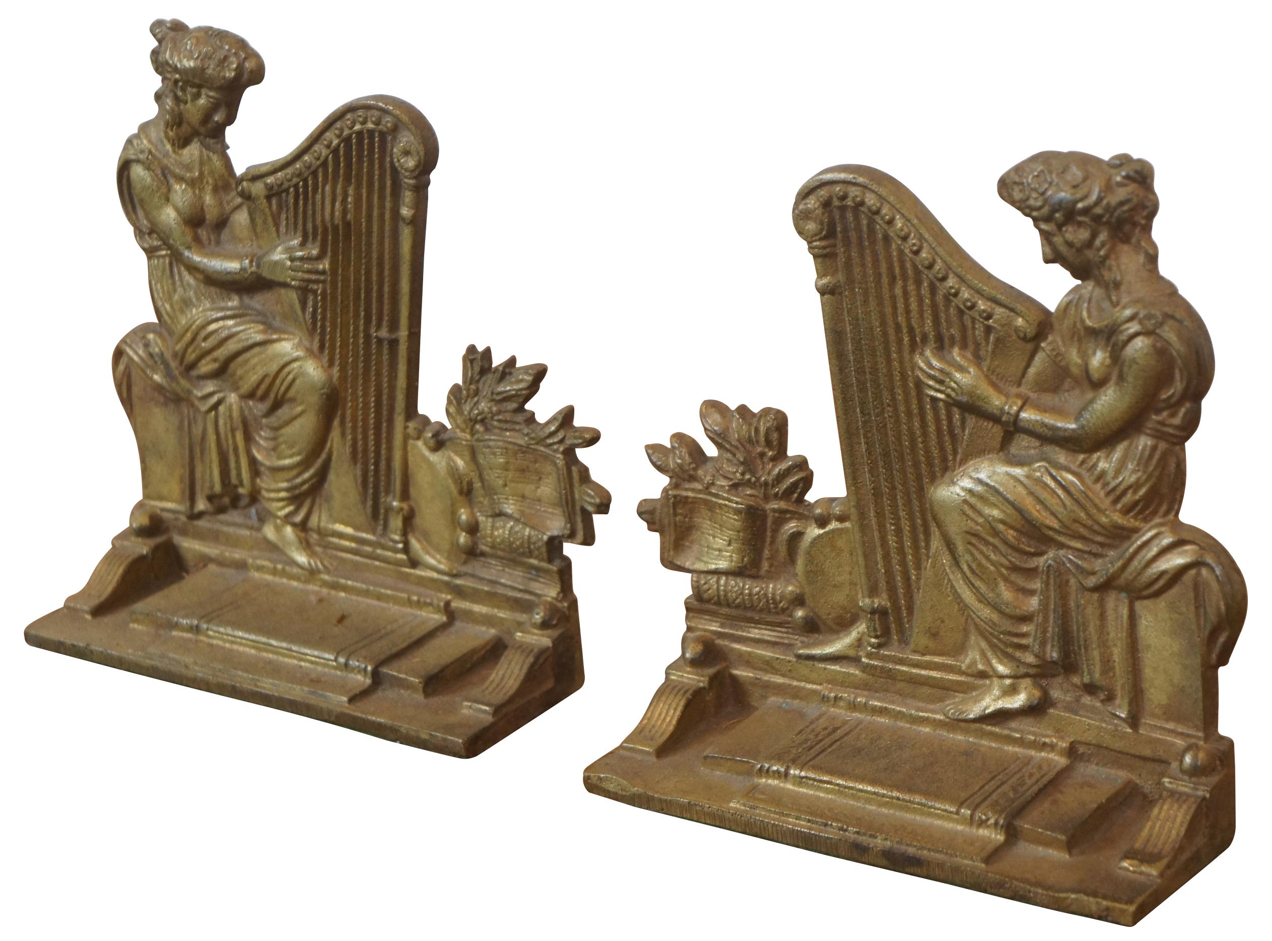 Antique Victorian English Neoclassical Bronze Figural Musician Harp Bookends In Good Condition In Dayton, OH