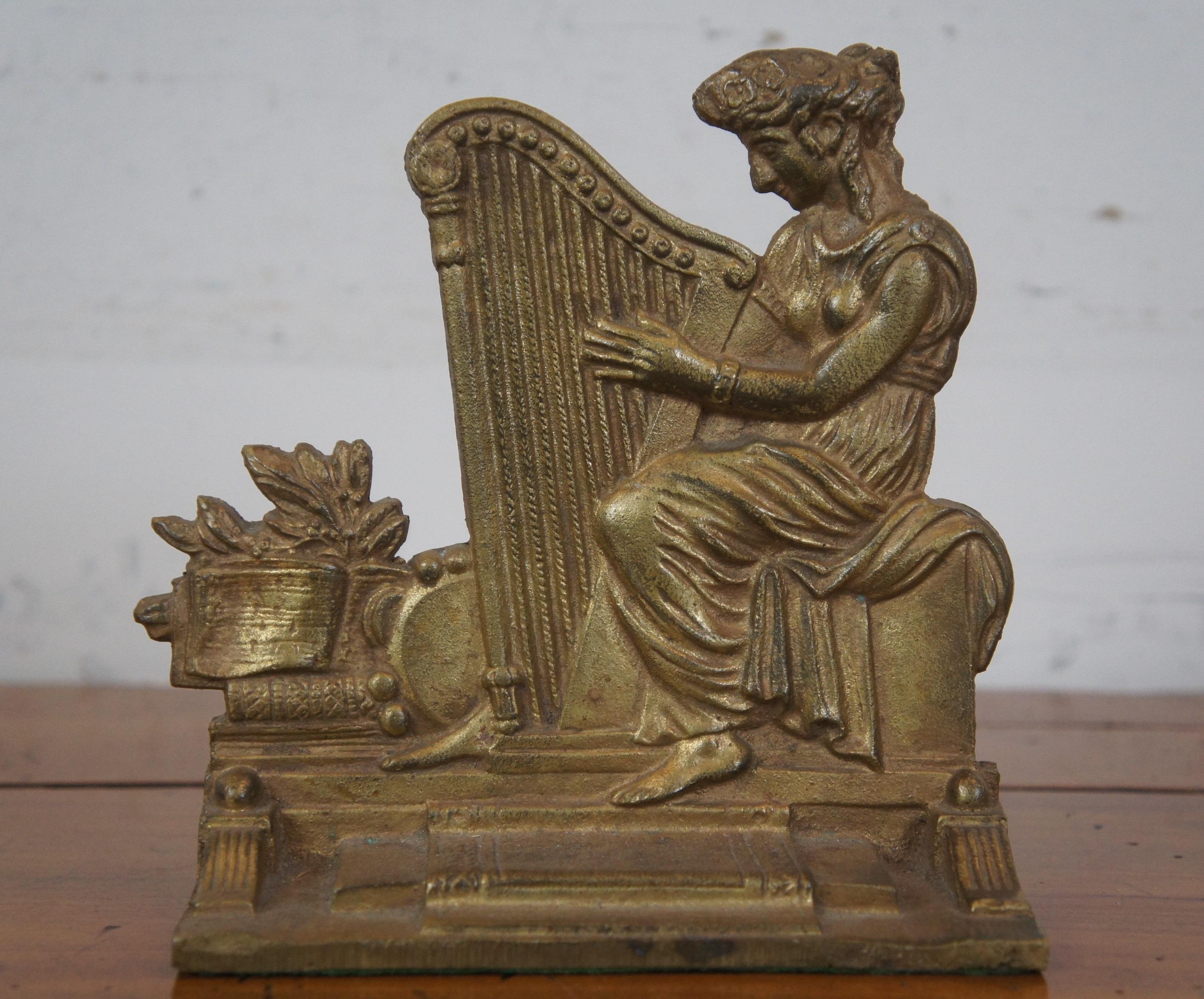 19th Century Antique Victorian English Neoclassical Bronze Figural Musician Harp Bookends
