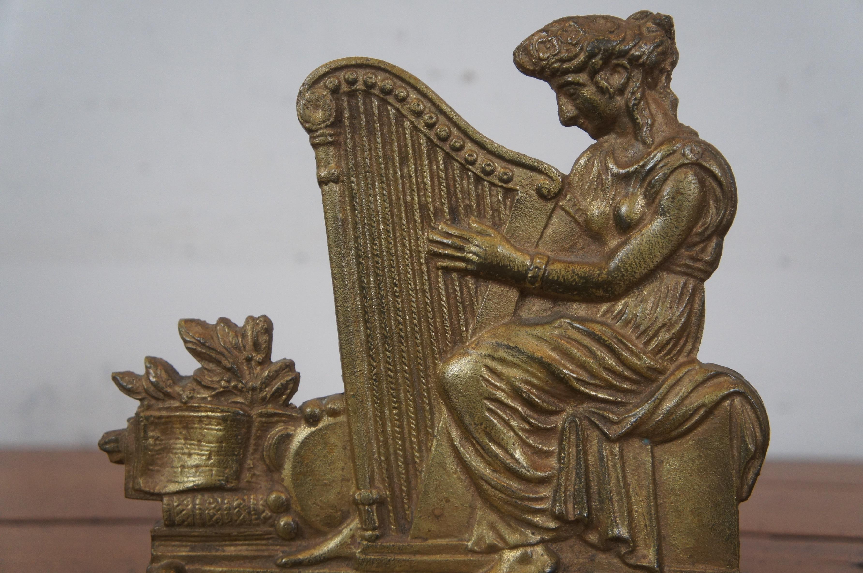 Antique Victorian English Neoclassical Bronze Figural Musician Harp Bookends 3