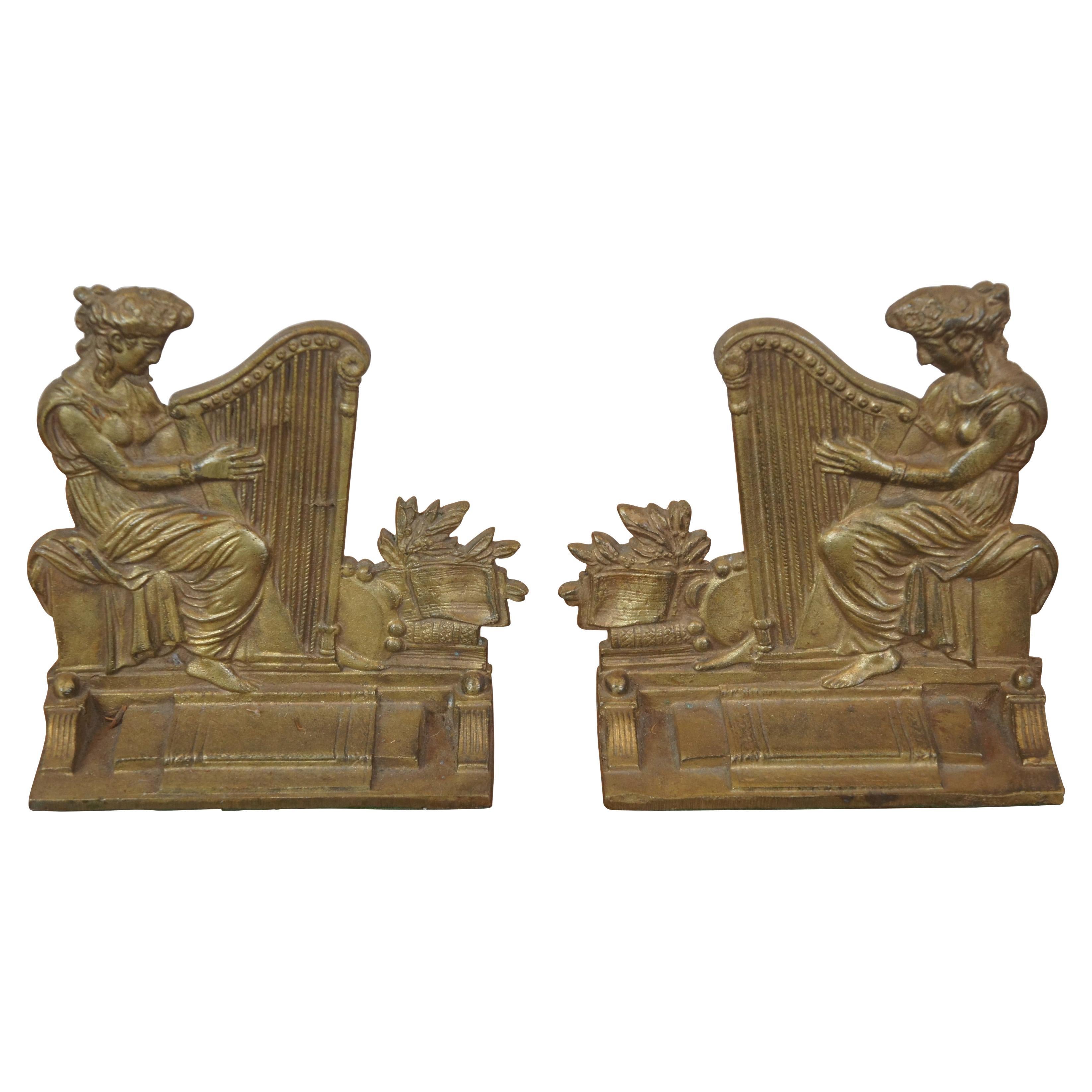 Antique Victorian English Neoclassical Bronze Figural Musician Harp Bookends