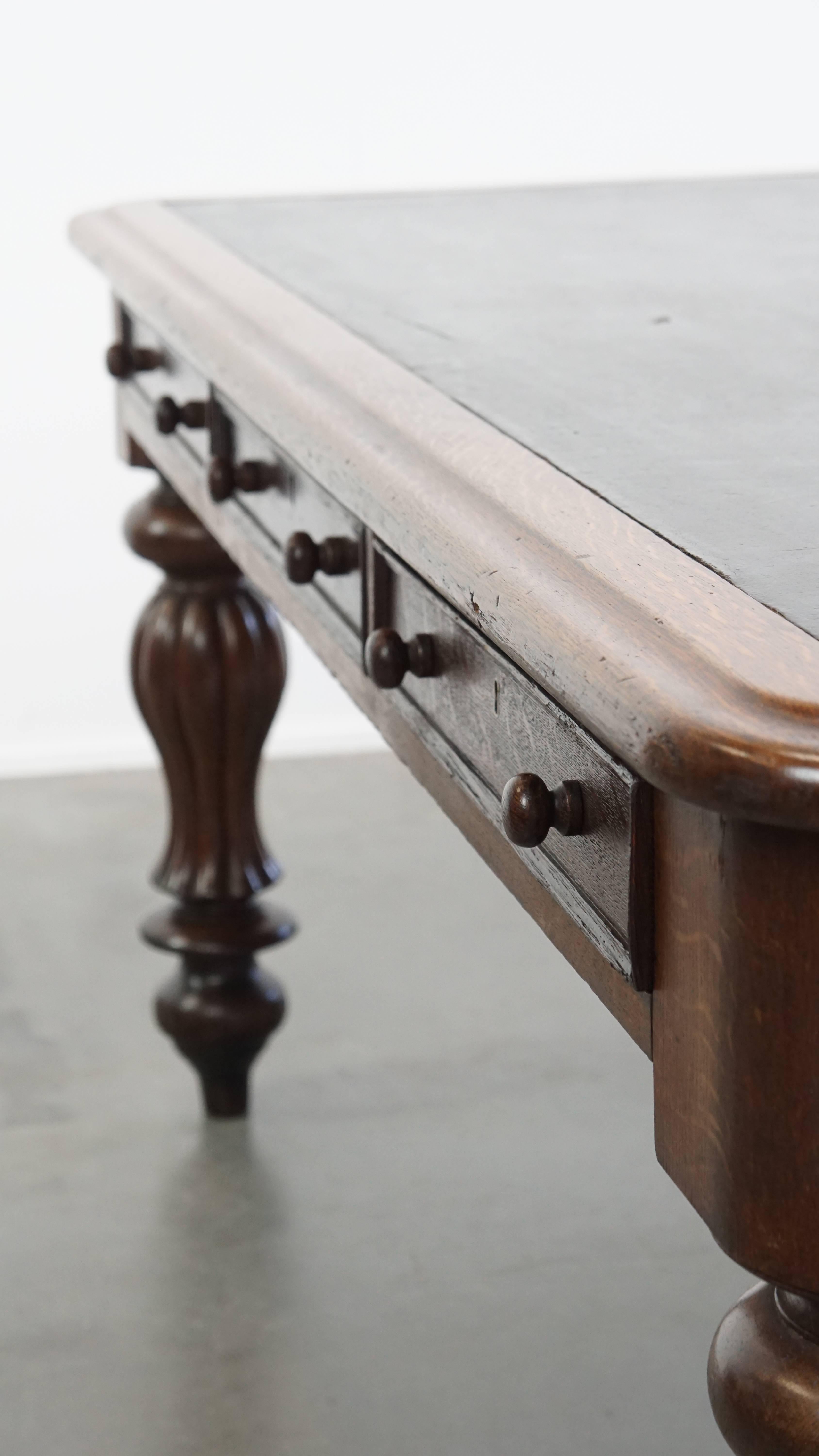 Antique Victorian English Oak Writing Desk / Partner Desk with a Leather Top For Sale 11