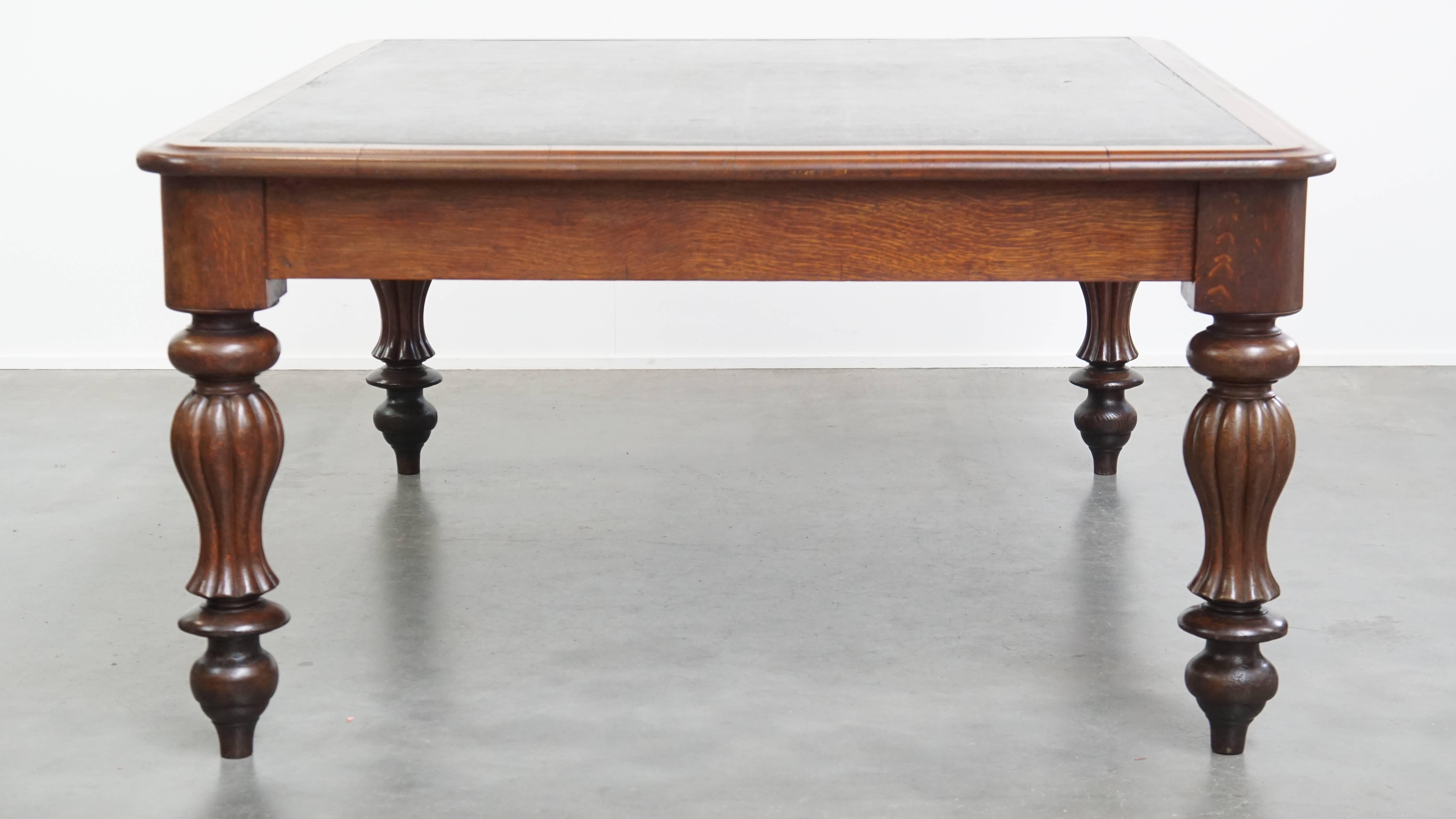 Classical Roman Antique Victorian English Oak Writing Desk / Partner Desk with a Leather Top For Sale