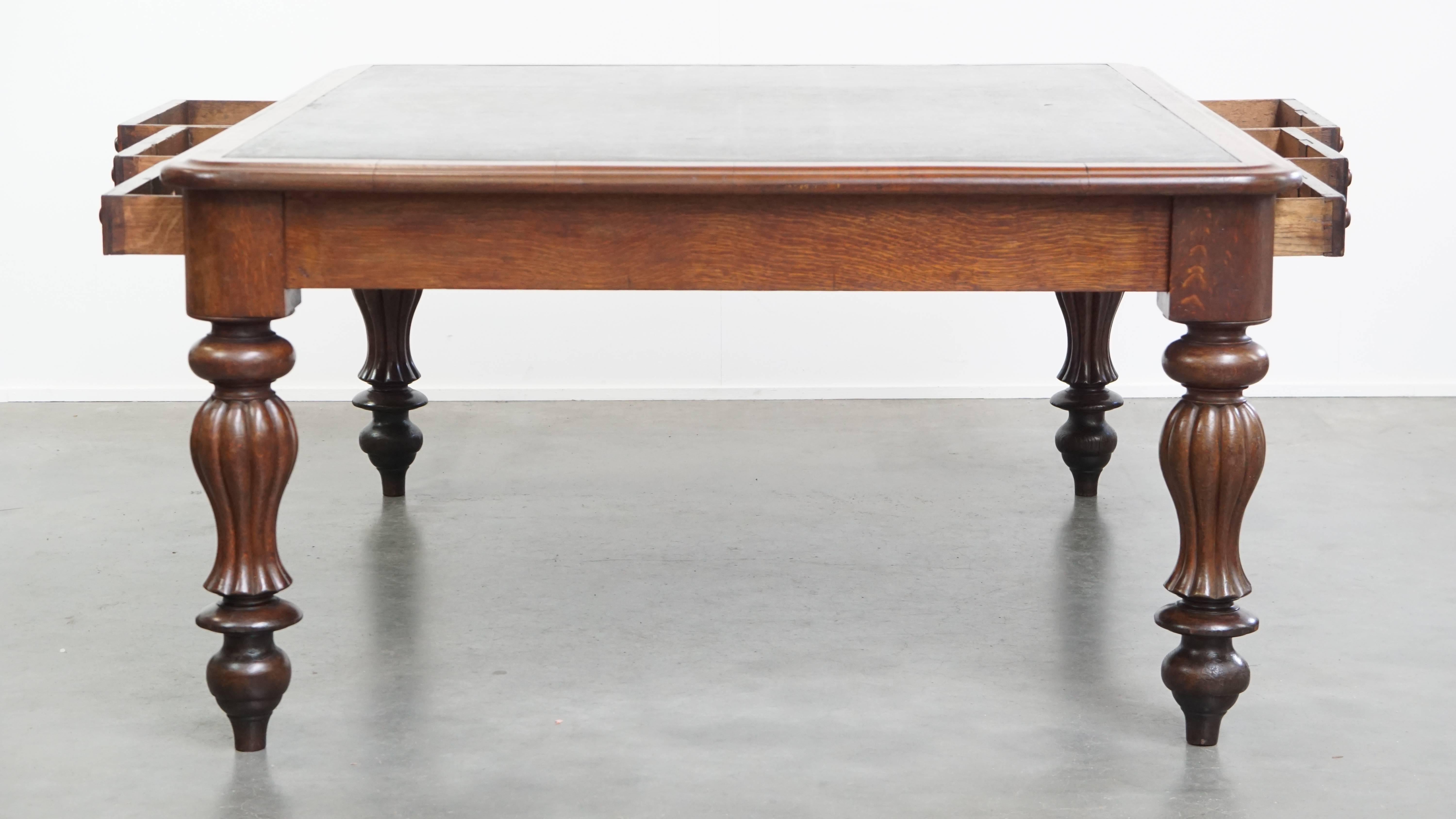 Hand-Crafted Antique Victorian English Oak Writing Desk / Partner Desk with a Leather Top For Sale