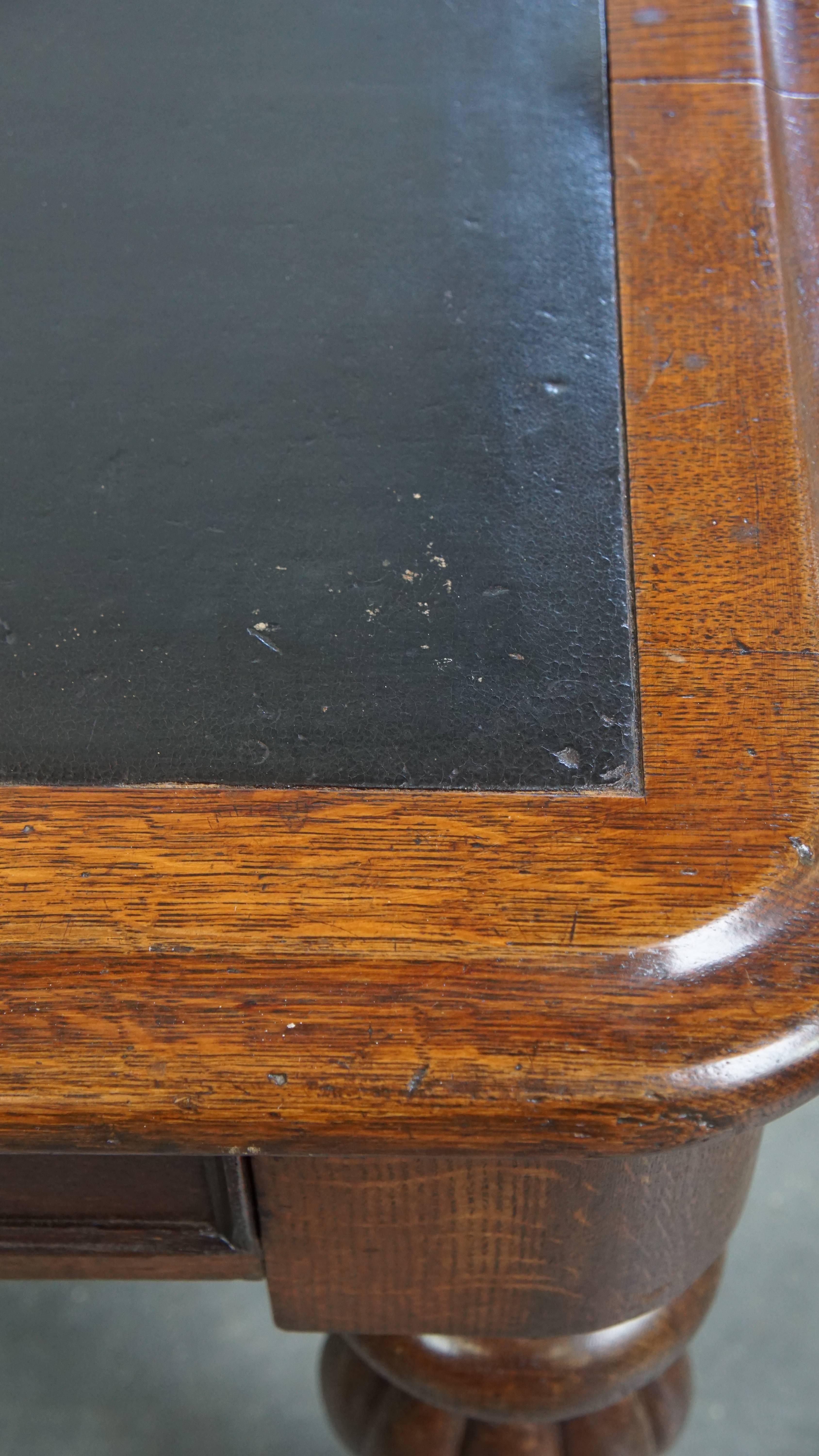 Antique Victorian English Oak Writing Desk / Partner Desk with a Leather Top For Sale 3