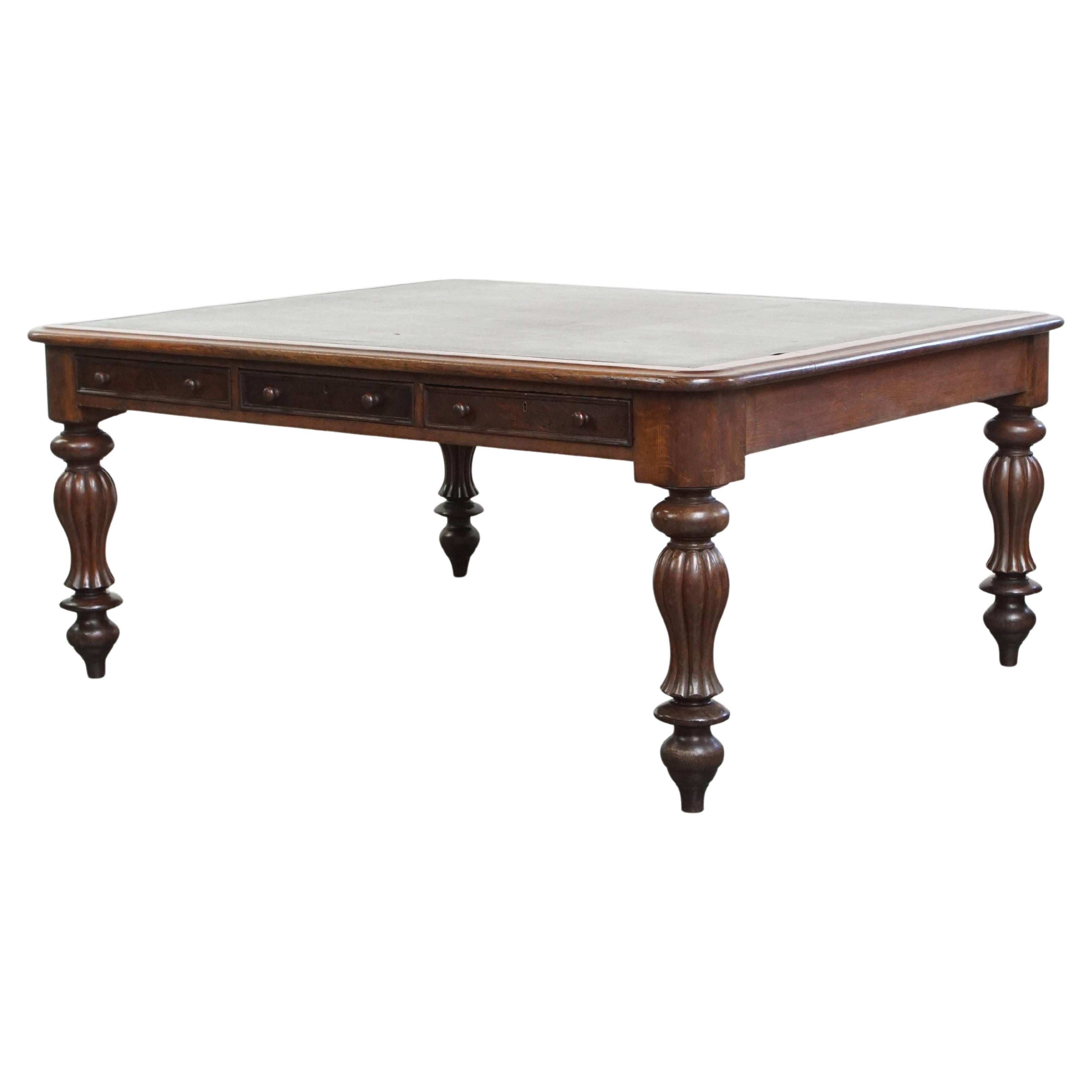 Antique Victorian English Oak Writing Desk / Partner Desk with a Leather Top