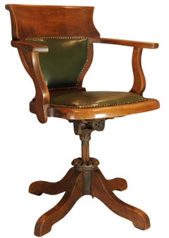 Ancienne chaise de bureau tournante victorienne anglaise de course verte en cuir et chêne