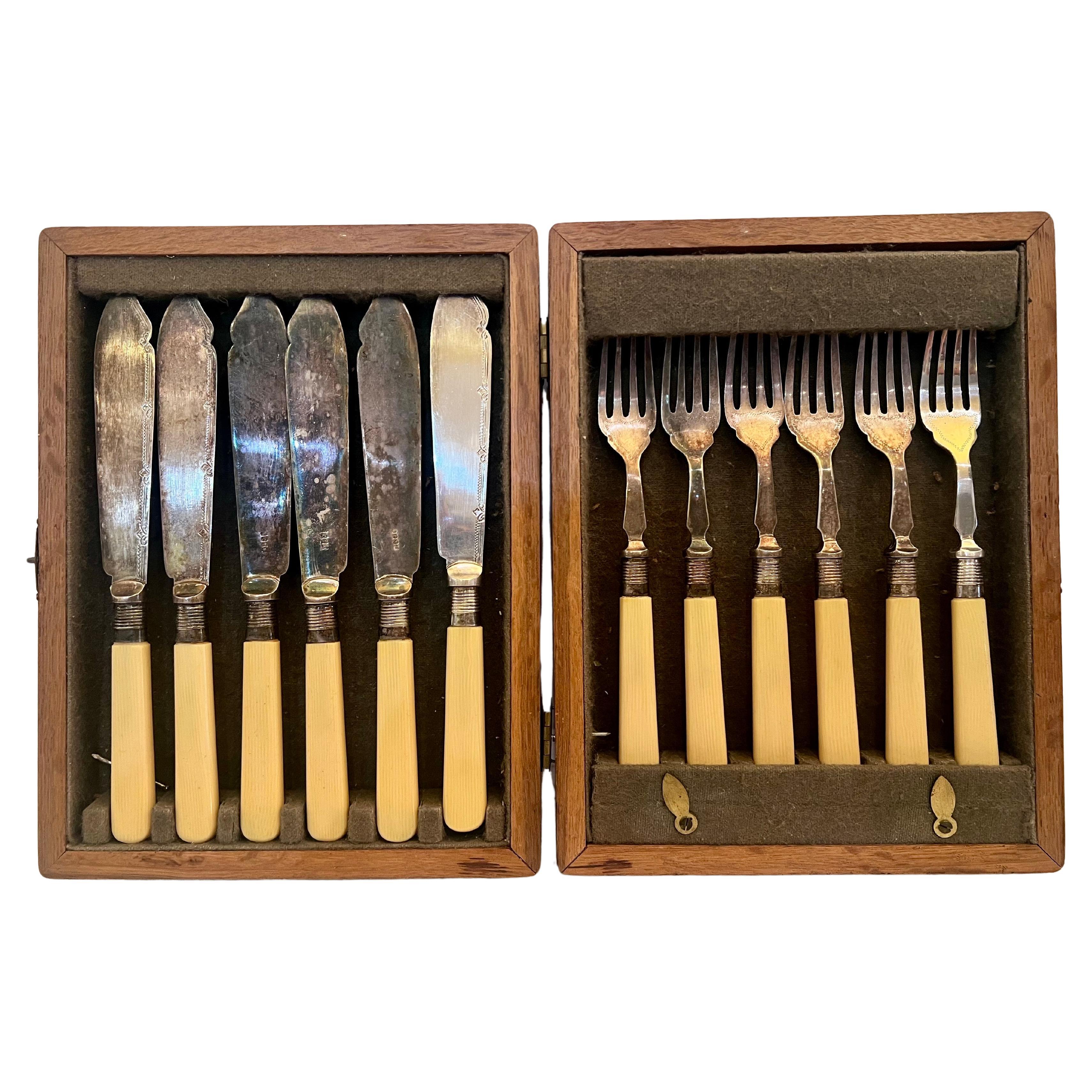 Antique Victorian English Sheffield EPNS Silverplate Faux Ivory Fork Knife Set For Sale