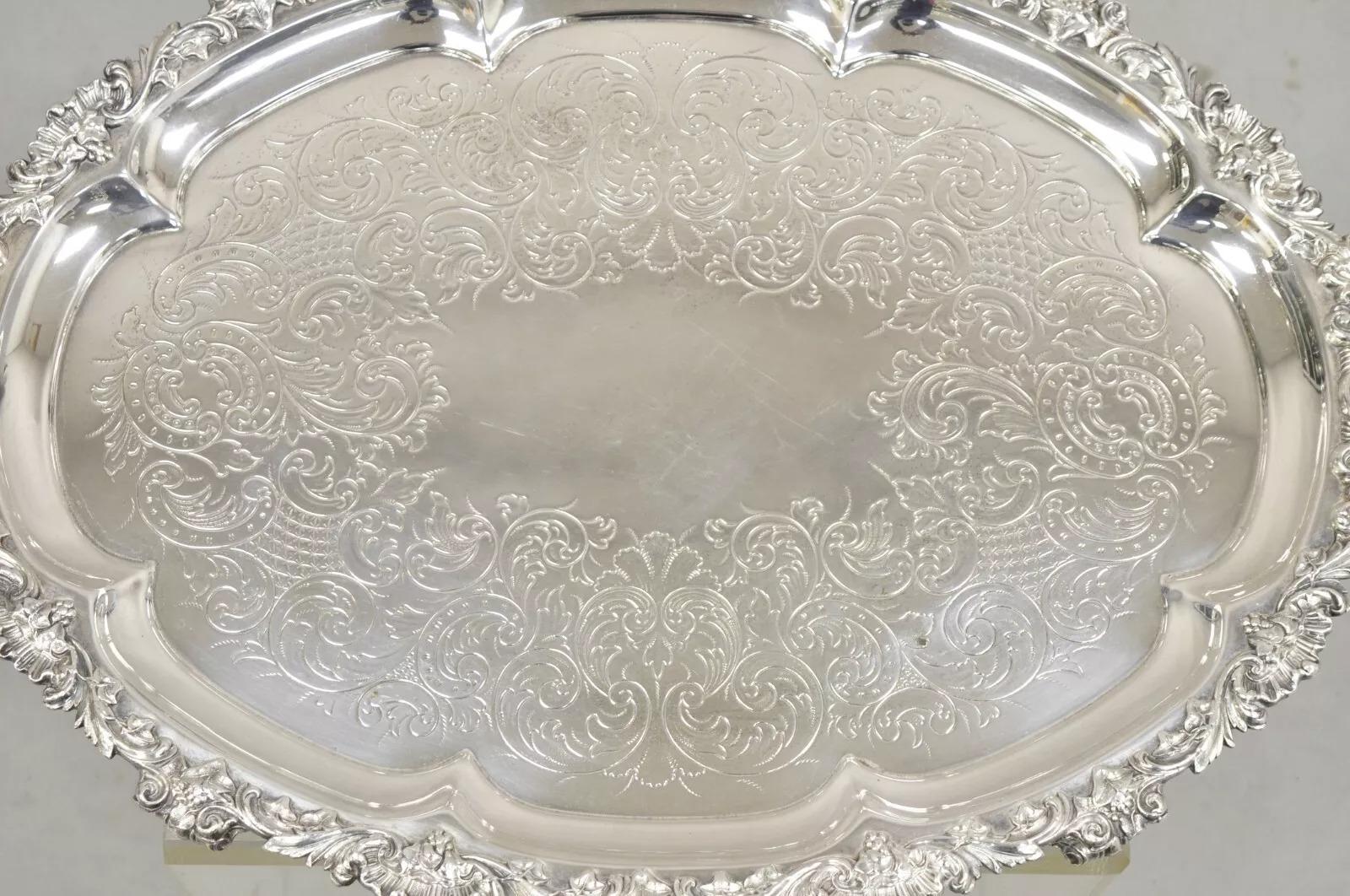 20th Century Antique Victorian English Sheffield Ornate Oval Serving Platter Tray For Sale