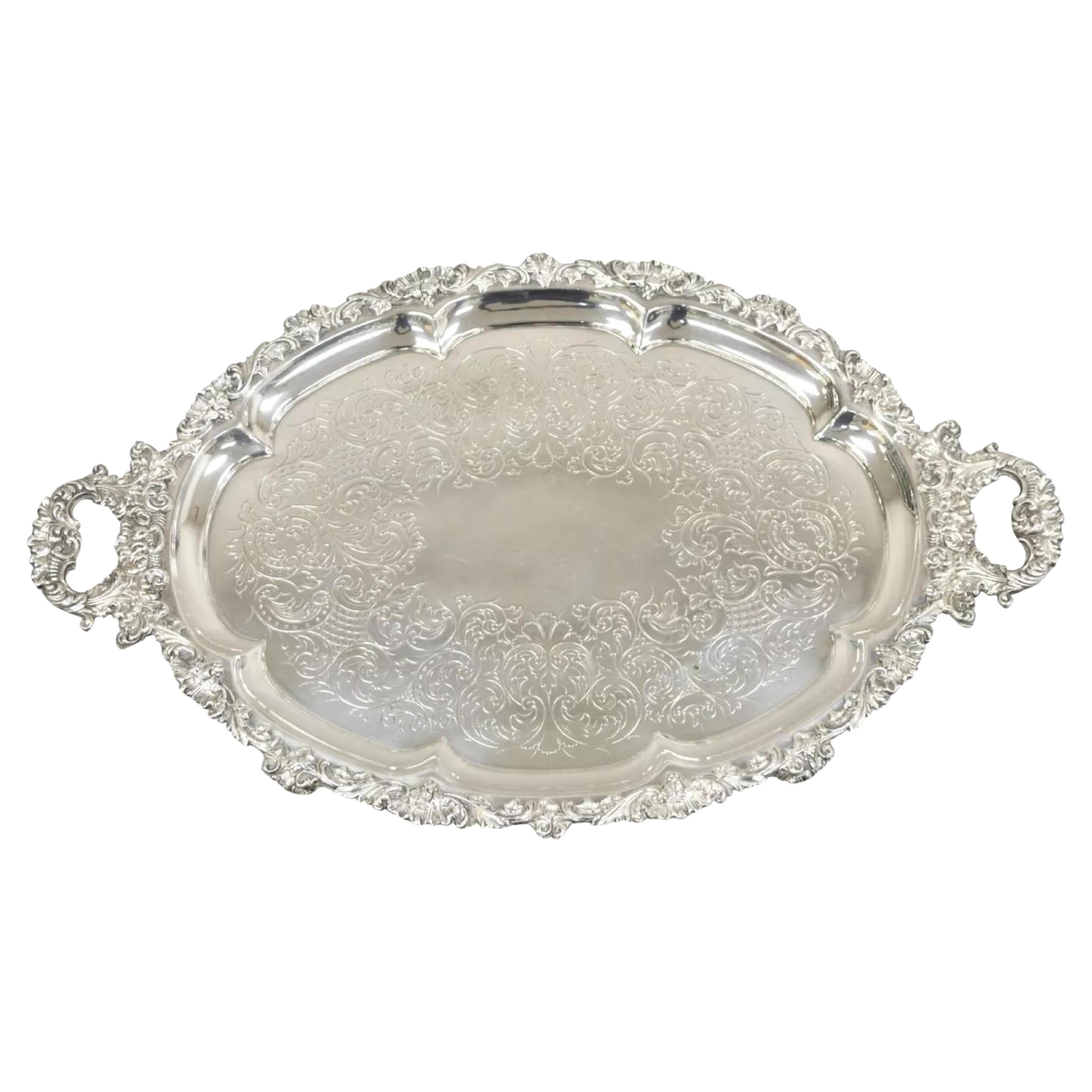 Antique Victorian English Sheffield Ornate Oval Serving Platter Tray en vente