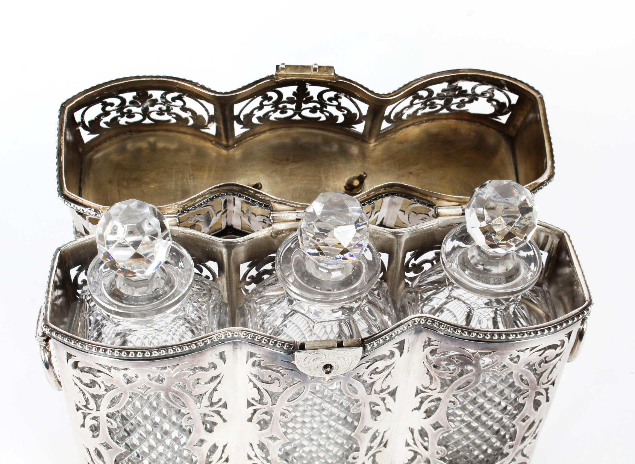 Antique Victorian English Silver Plated 3 Bottle Tantalus, 19th Century 10